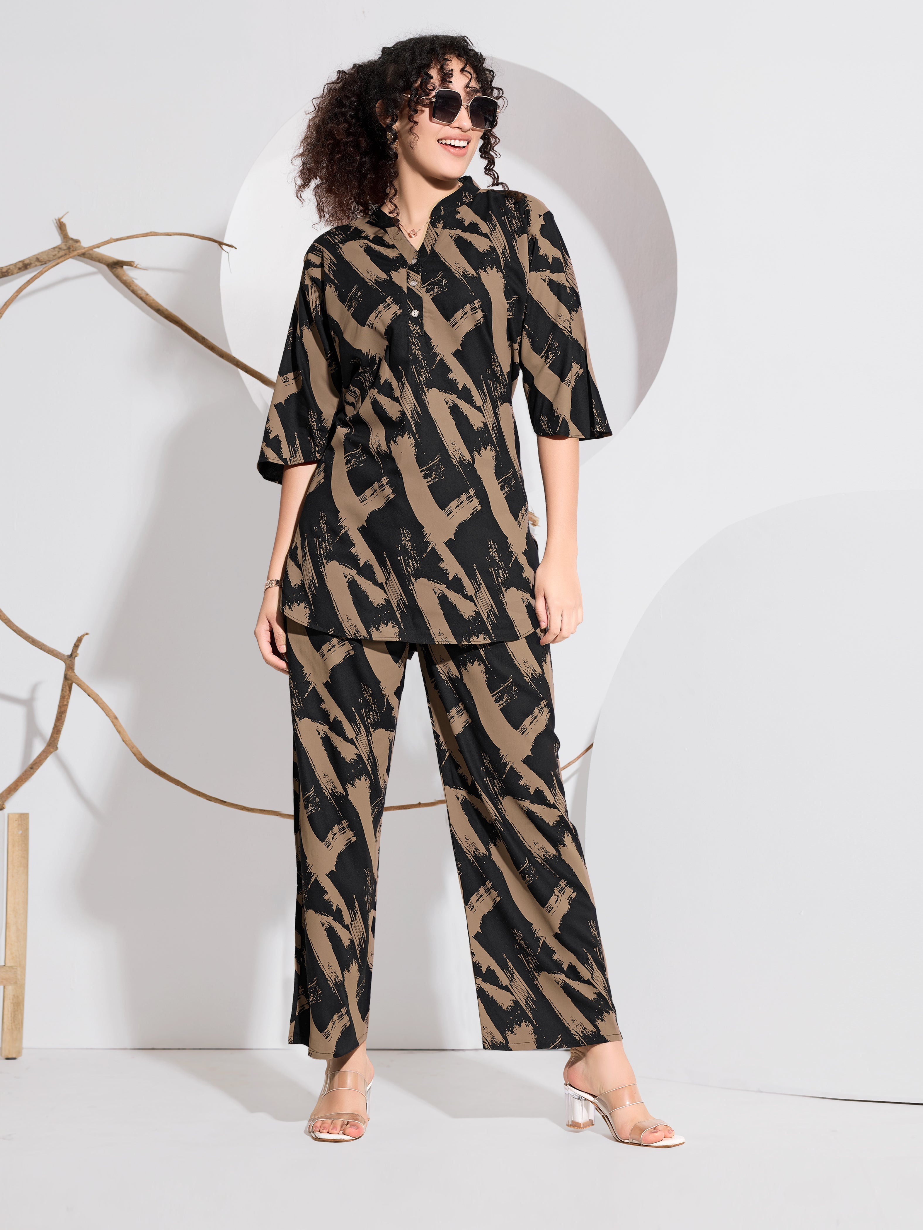 Black & Tan Abstract Brushstroke Rayon Co-ord Set - Black & Tan Abstract Brushstroke Print | Wide-Leg Palazzo Pants | Collar Tunic Top
