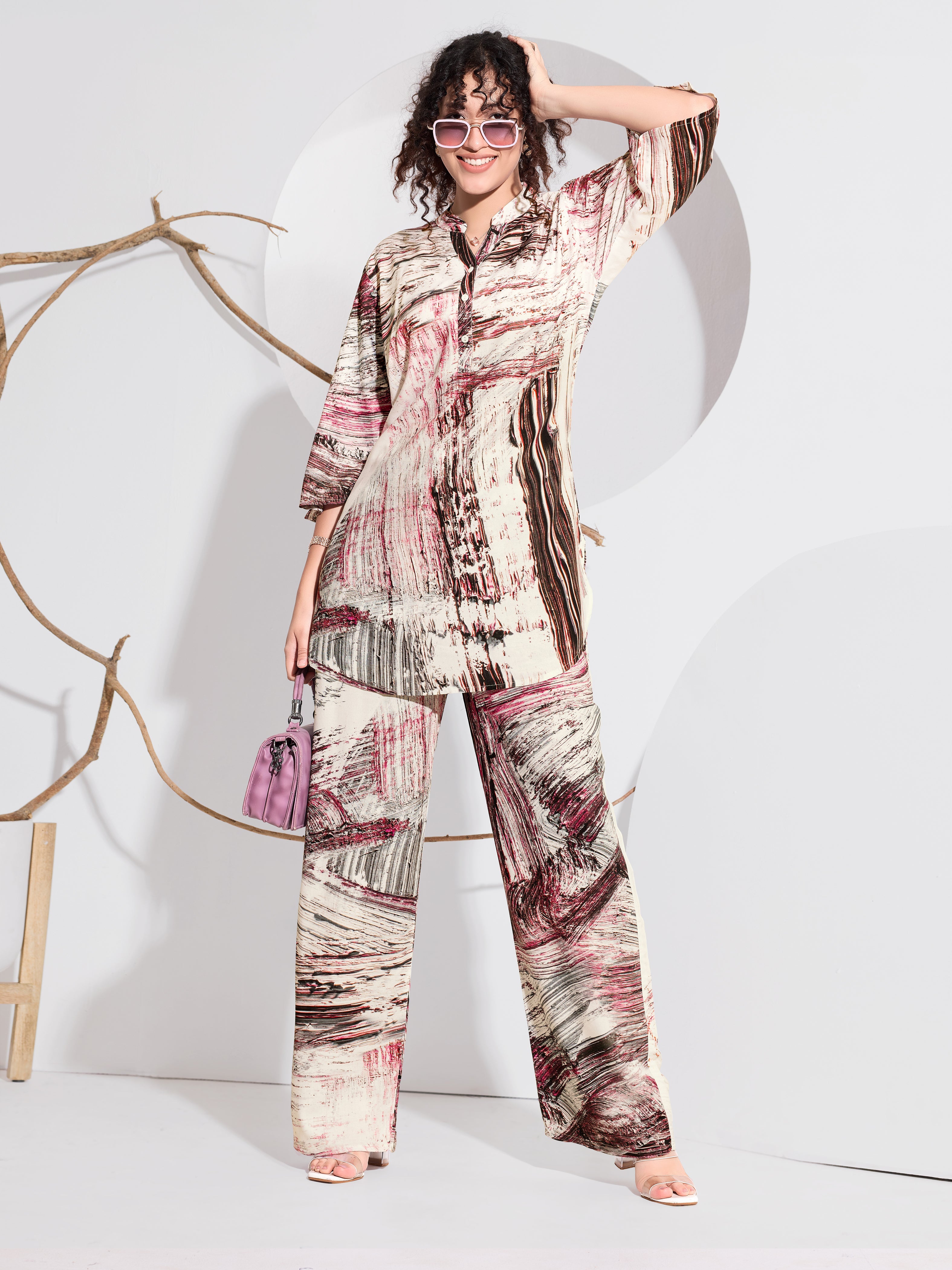 Blush & Burgundy Swirl Print Rayon Co-ord Set - Blush Pink & Burgundy Swirl Print | Wide-Leg Palazzo Pants | Collar Tunic Top