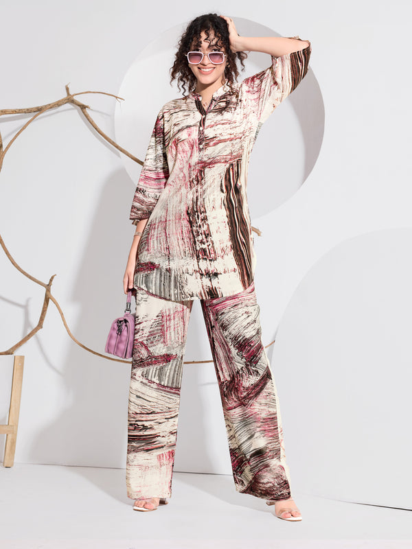Blush & Burgundy Swirl Print Rayon Co-ord Set - Blush Pink & Burgundy Swirl Print | Wide-Leg Palazzo Pants | Collar Tunic Top