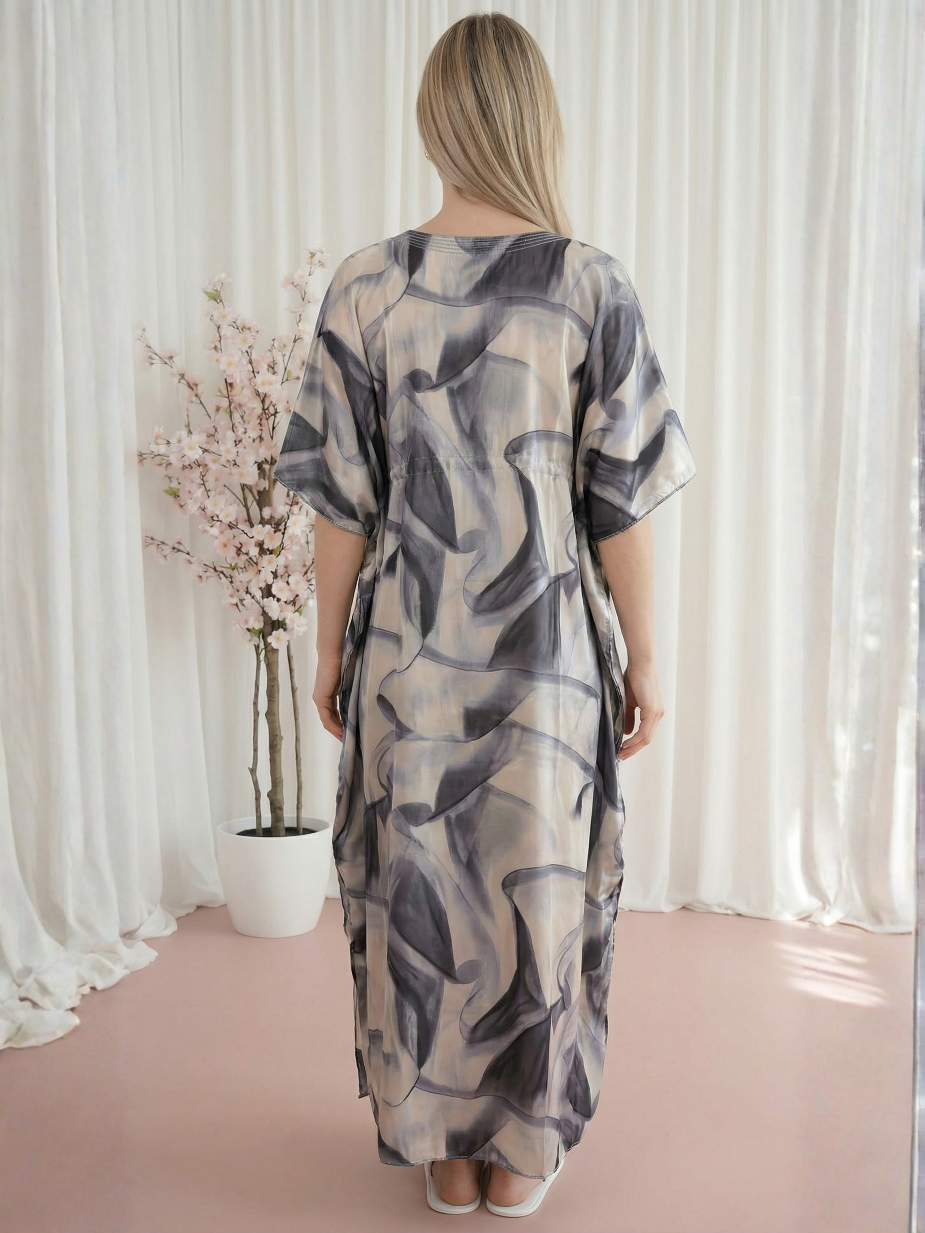 Silver Smoke Abstract Satin Womens Kaftan