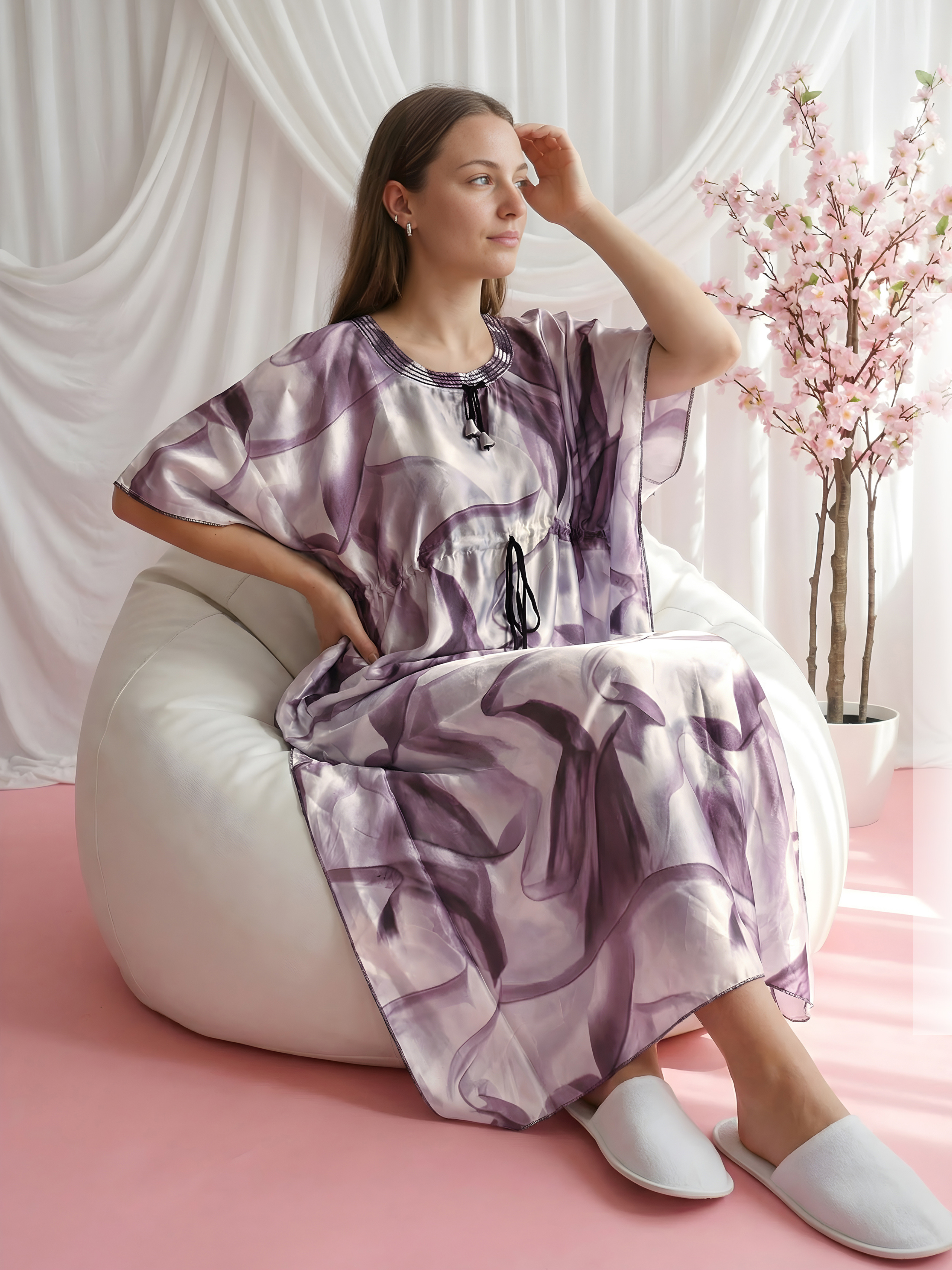 Lavender Abstract Satin Kaftan