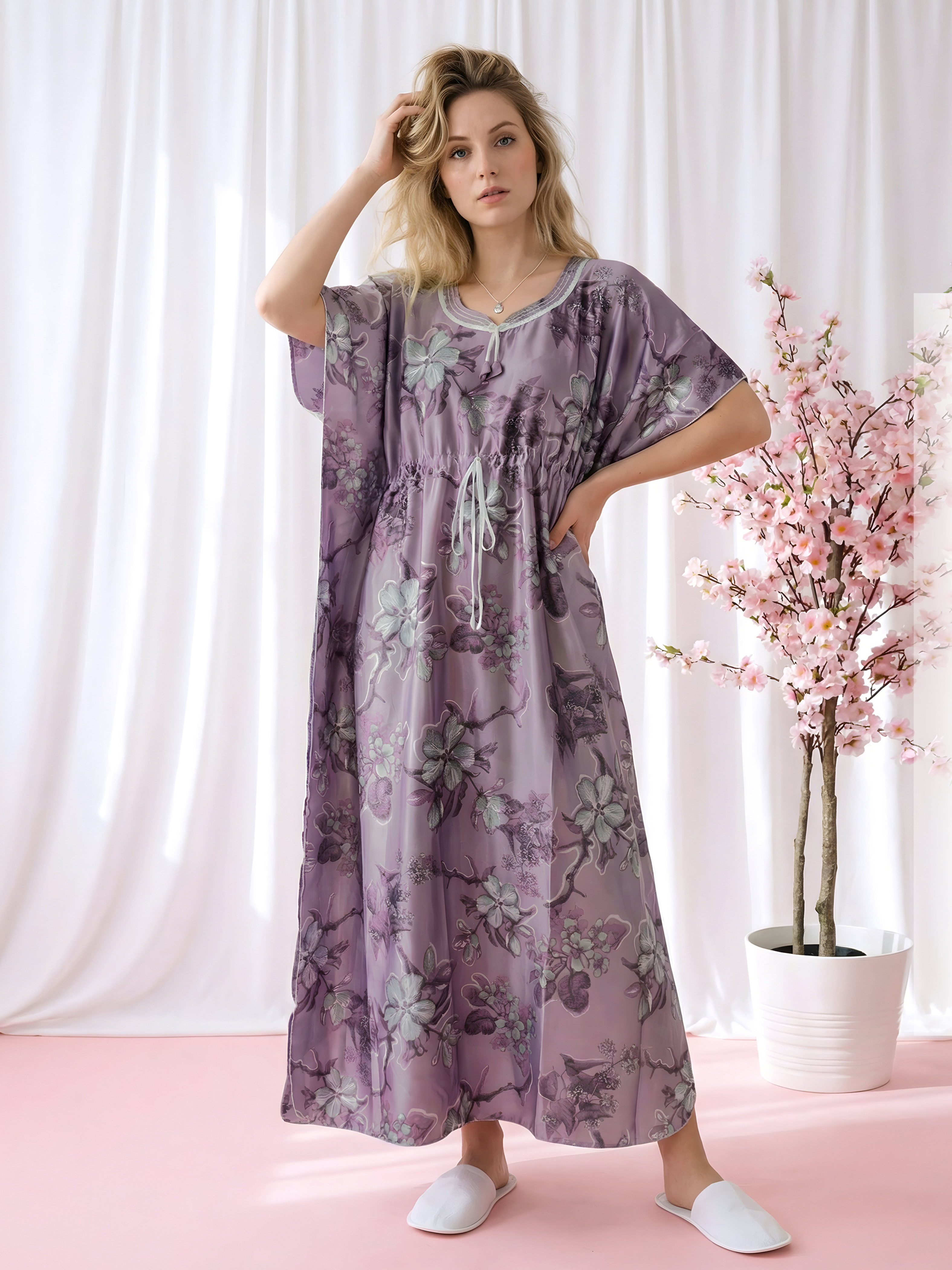 Mauve Botanical Satin Kaftan