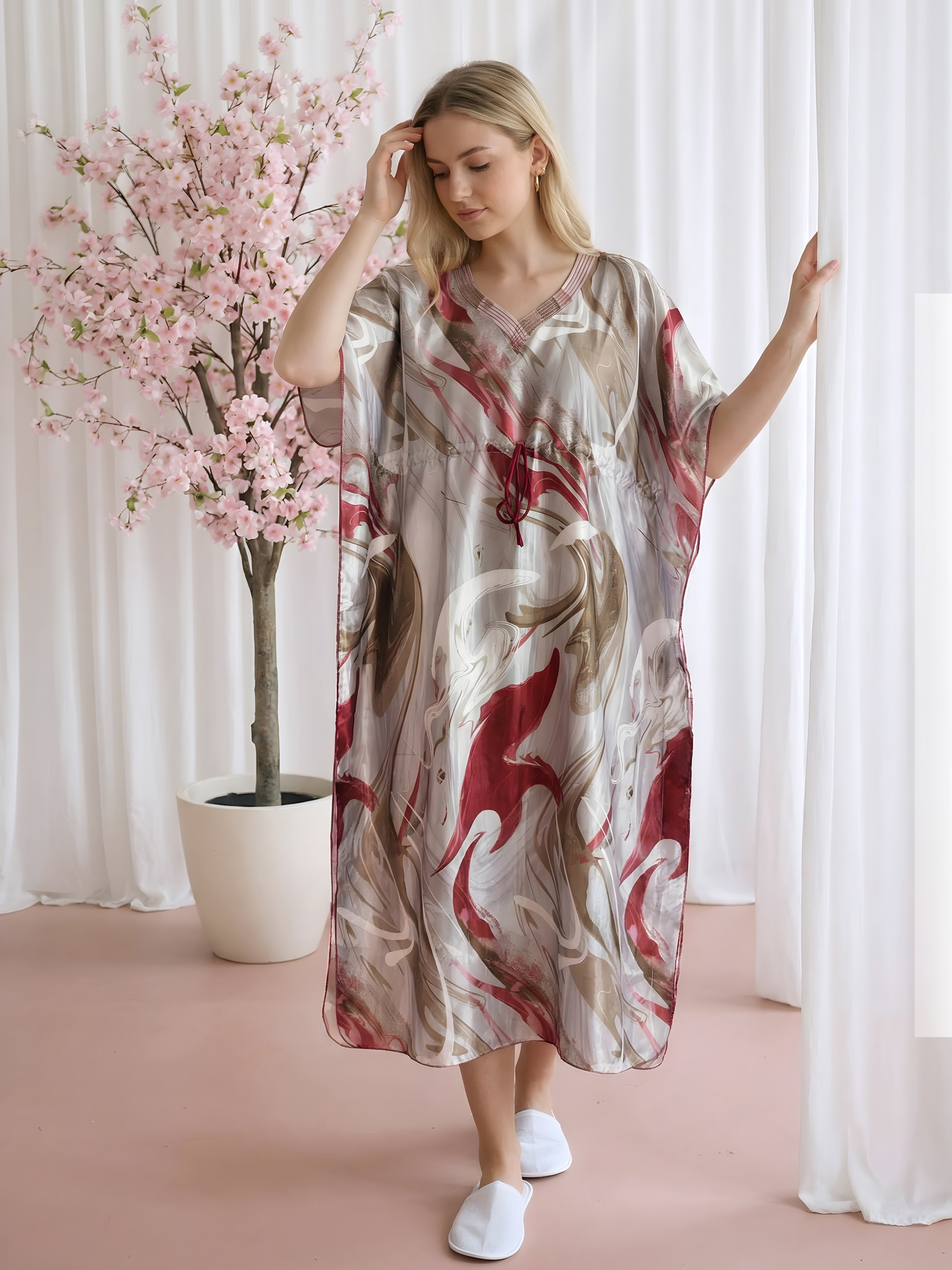 Red Marble Satin Kaftan