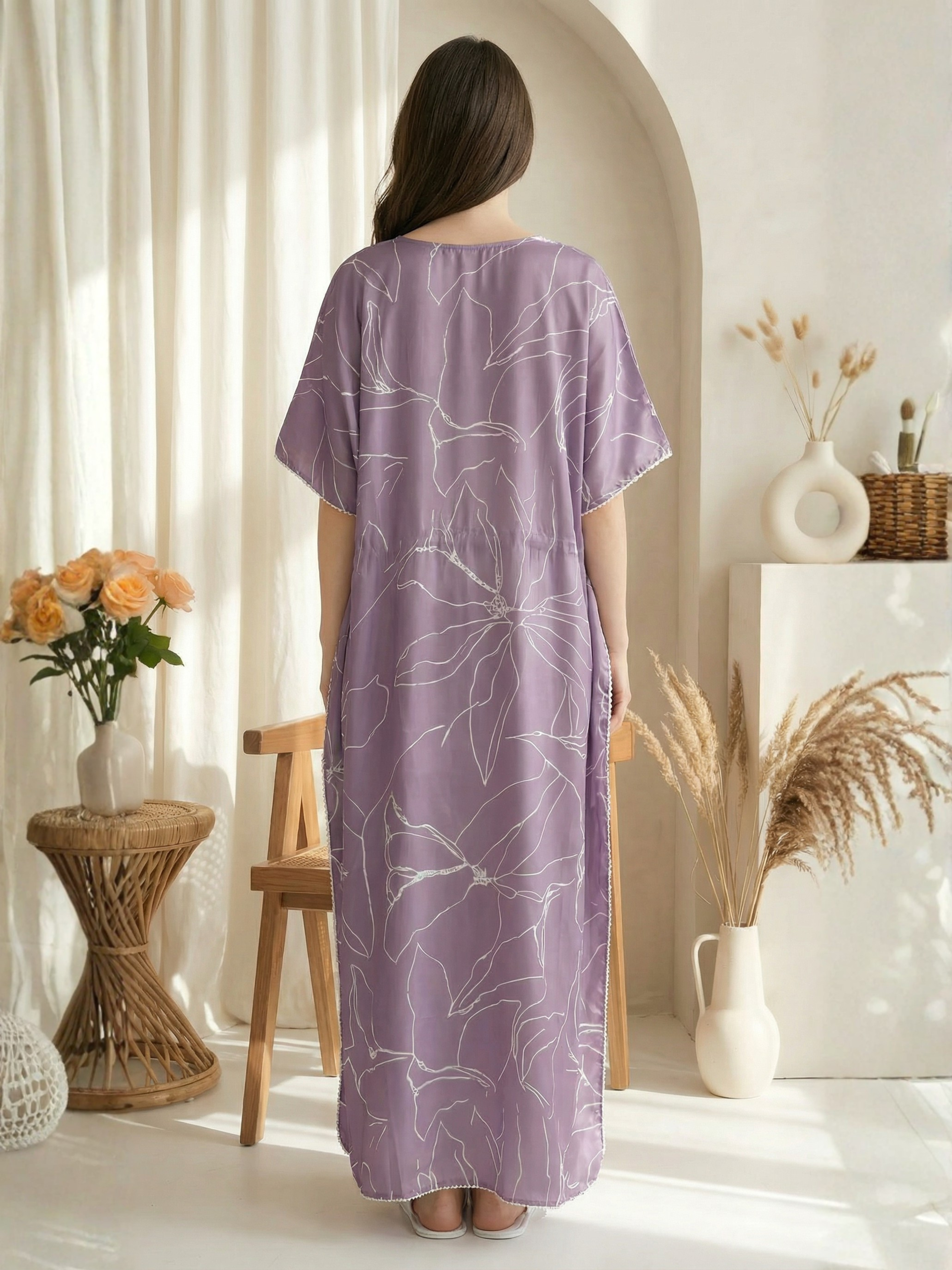 Purple Floral Satin Kaftan