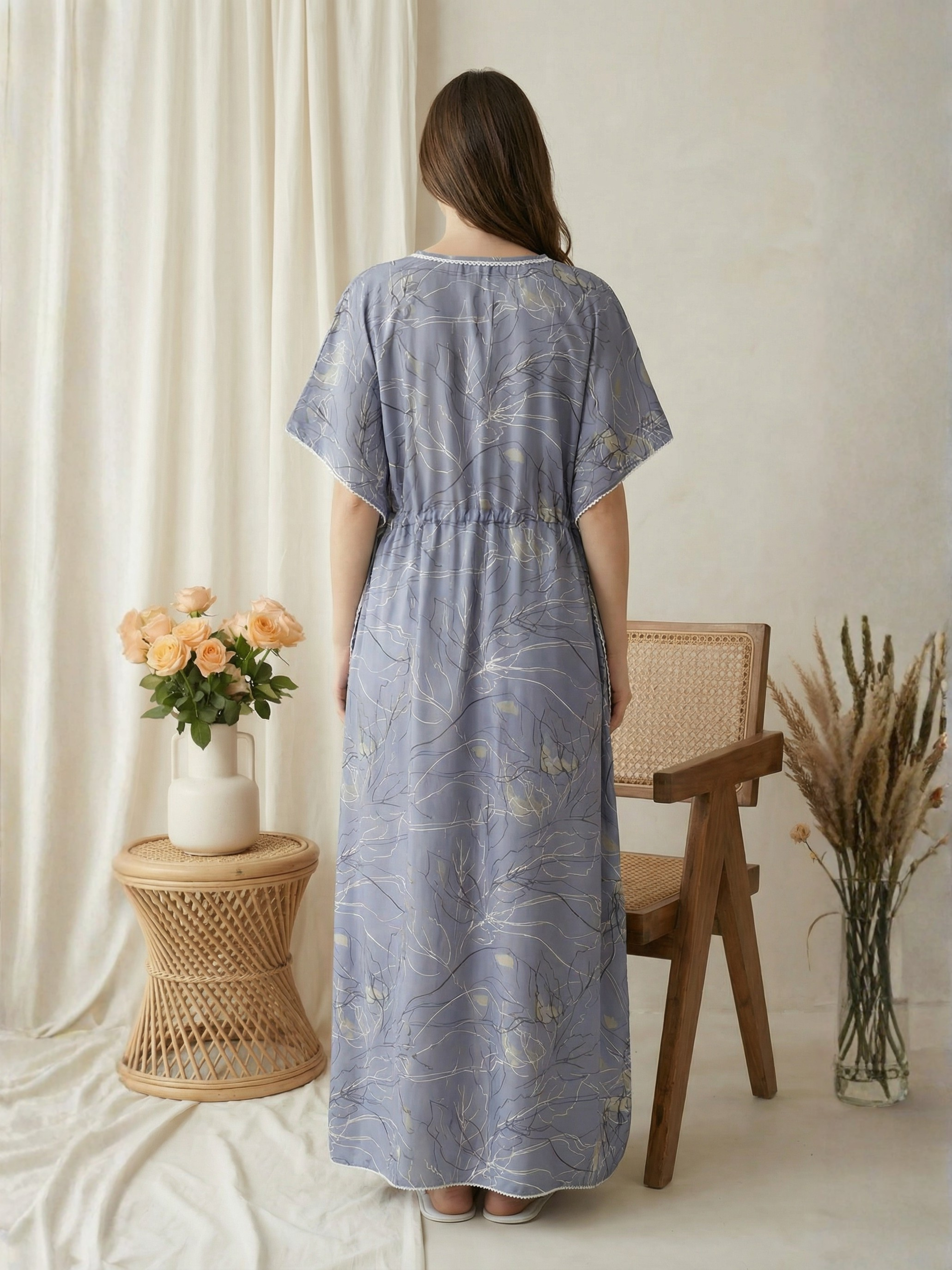 Blue Botanical Satin Kaftan
