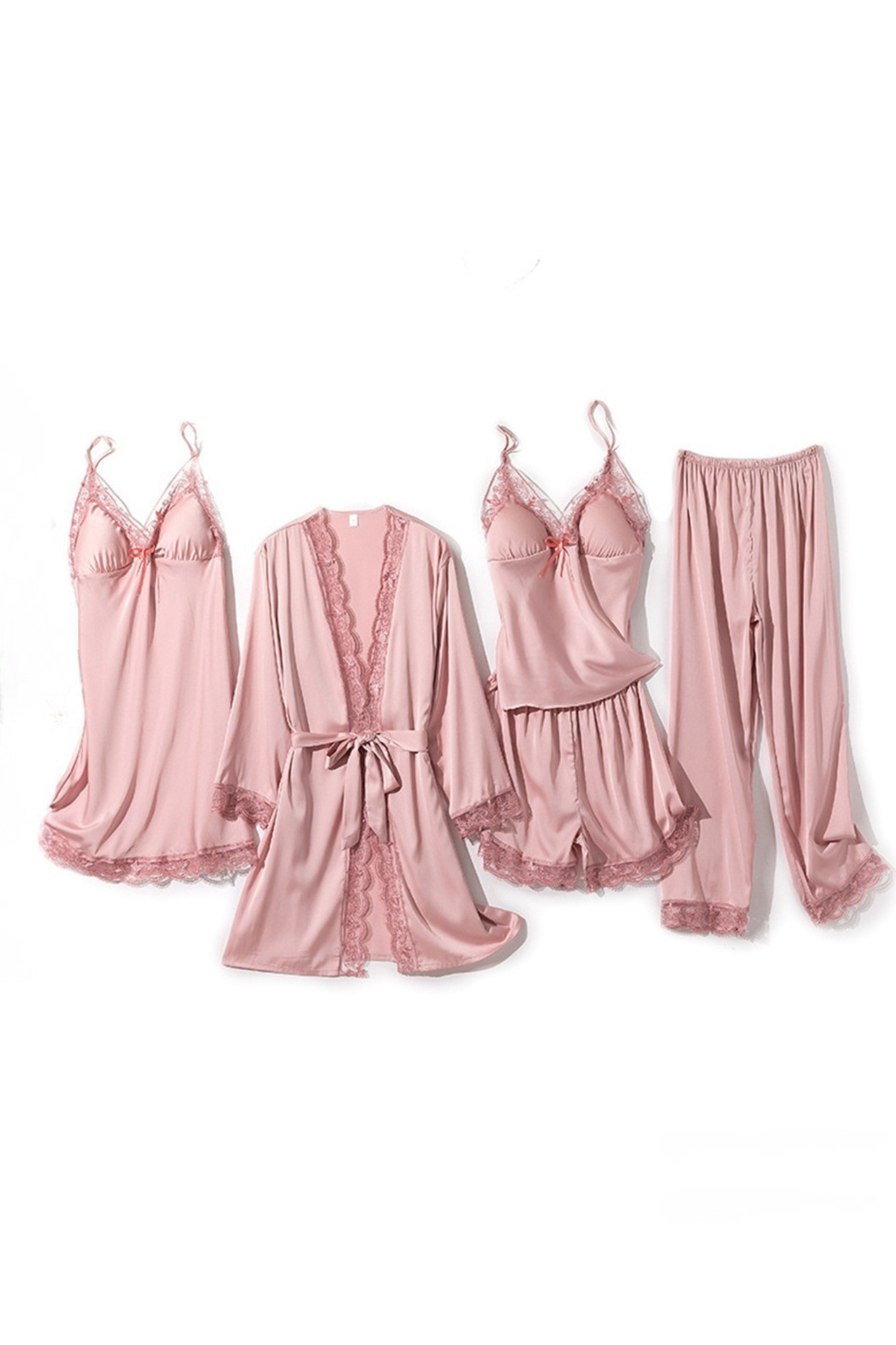 Pink Luxury Satin 6-Piece Bedroom Wear Set on a White Background