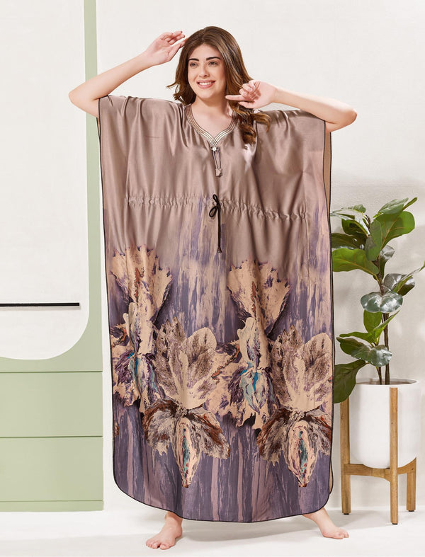Ombre Floral Border Print Purple Satin Kaftan