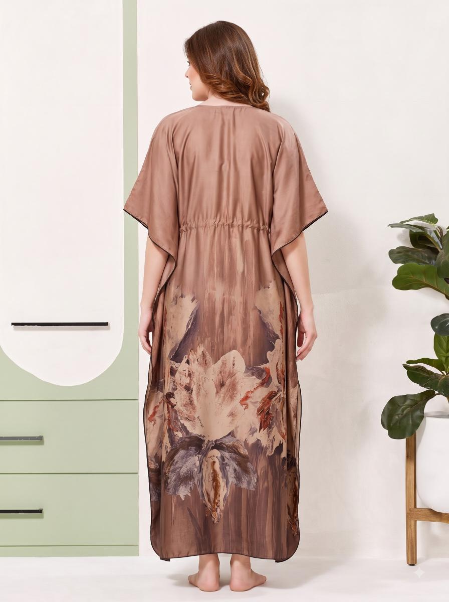 Ombre Floral Border Print Brown Satin Kaftan