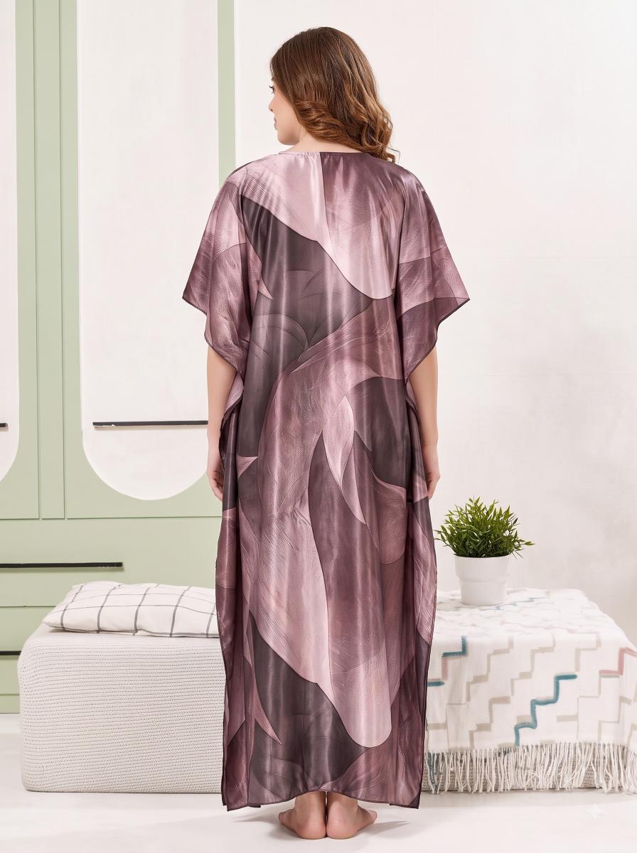 Abstract Leaf Print Brown Satin Kaftan