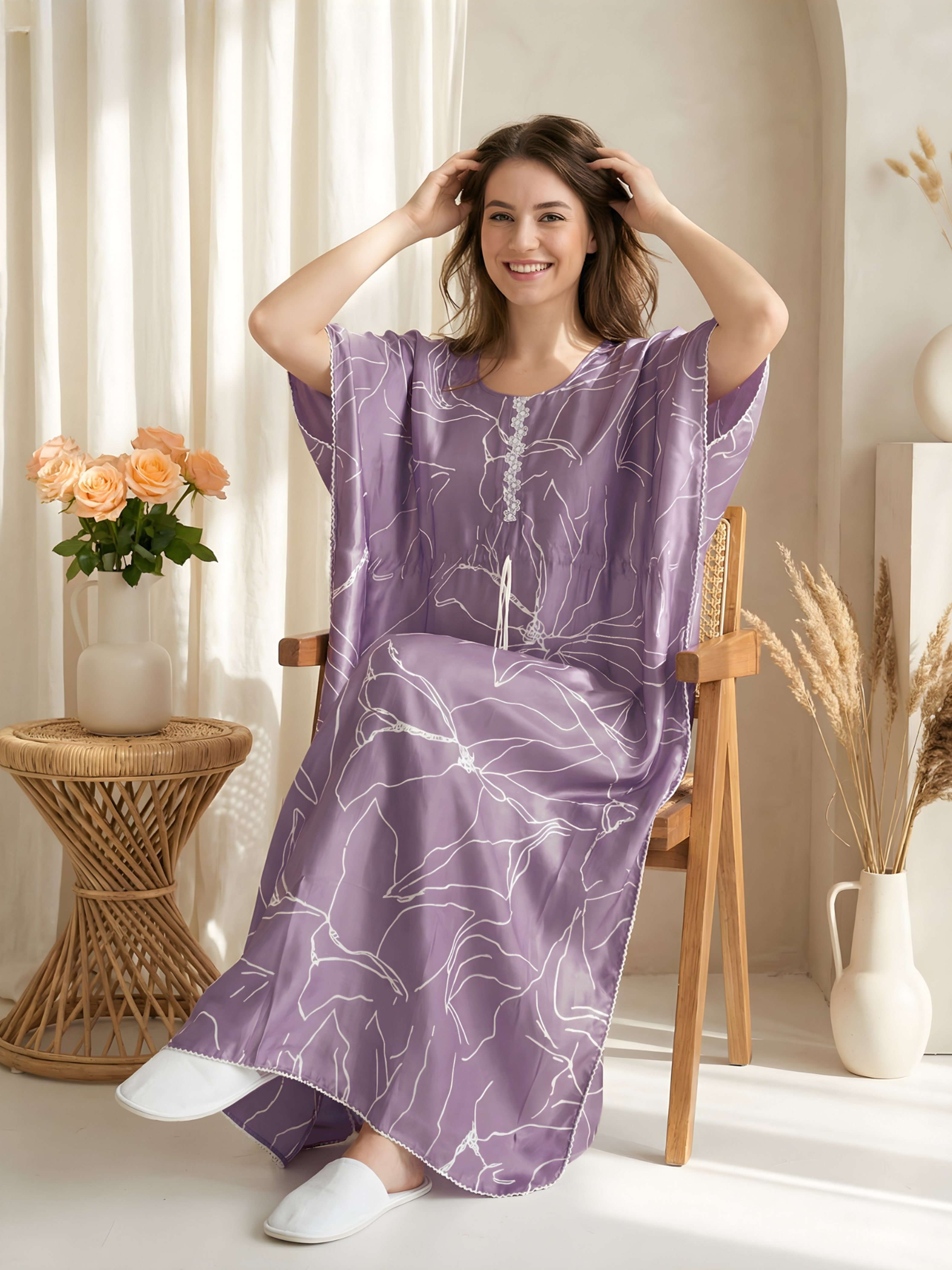 Purple Floral Satin Kaftan