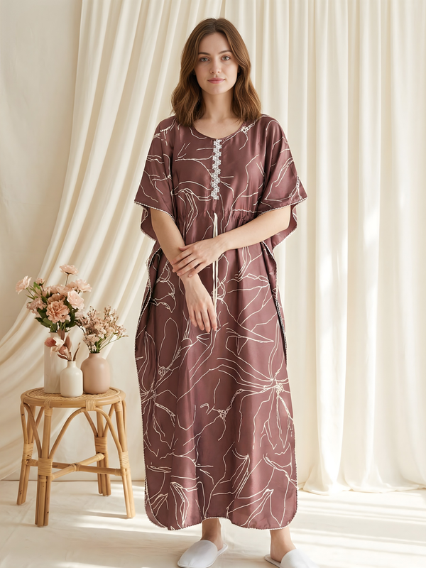 Brown Sketch Satin Kaftan