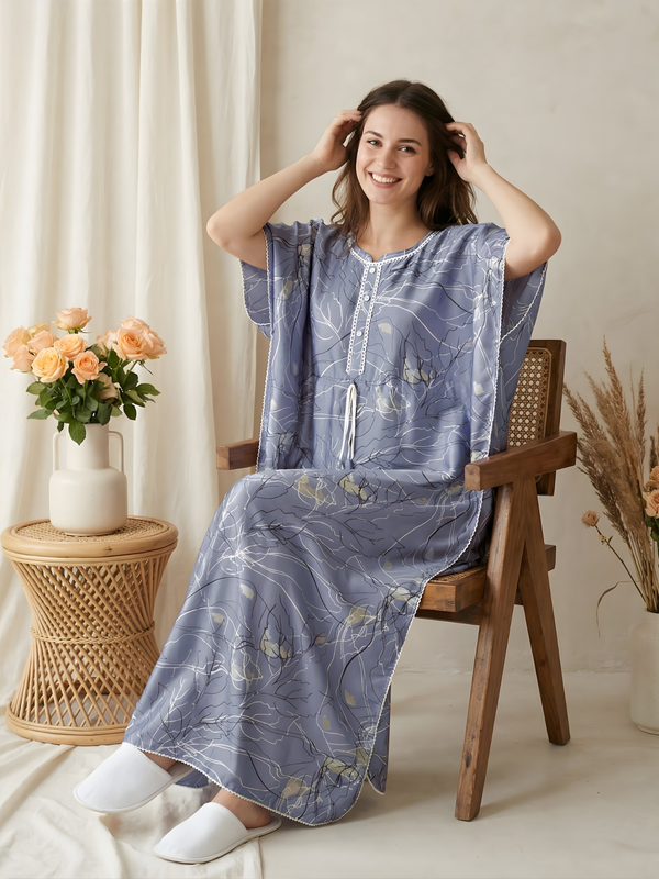 Blue Botanical Satin Kaftan