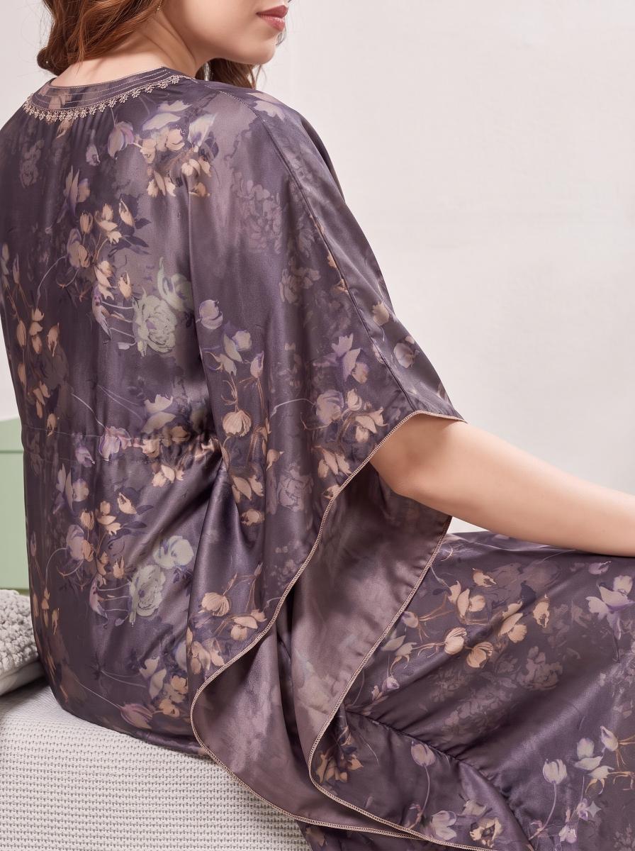 Floral Print Embroidered-Neck Purple Satin Kaftan
