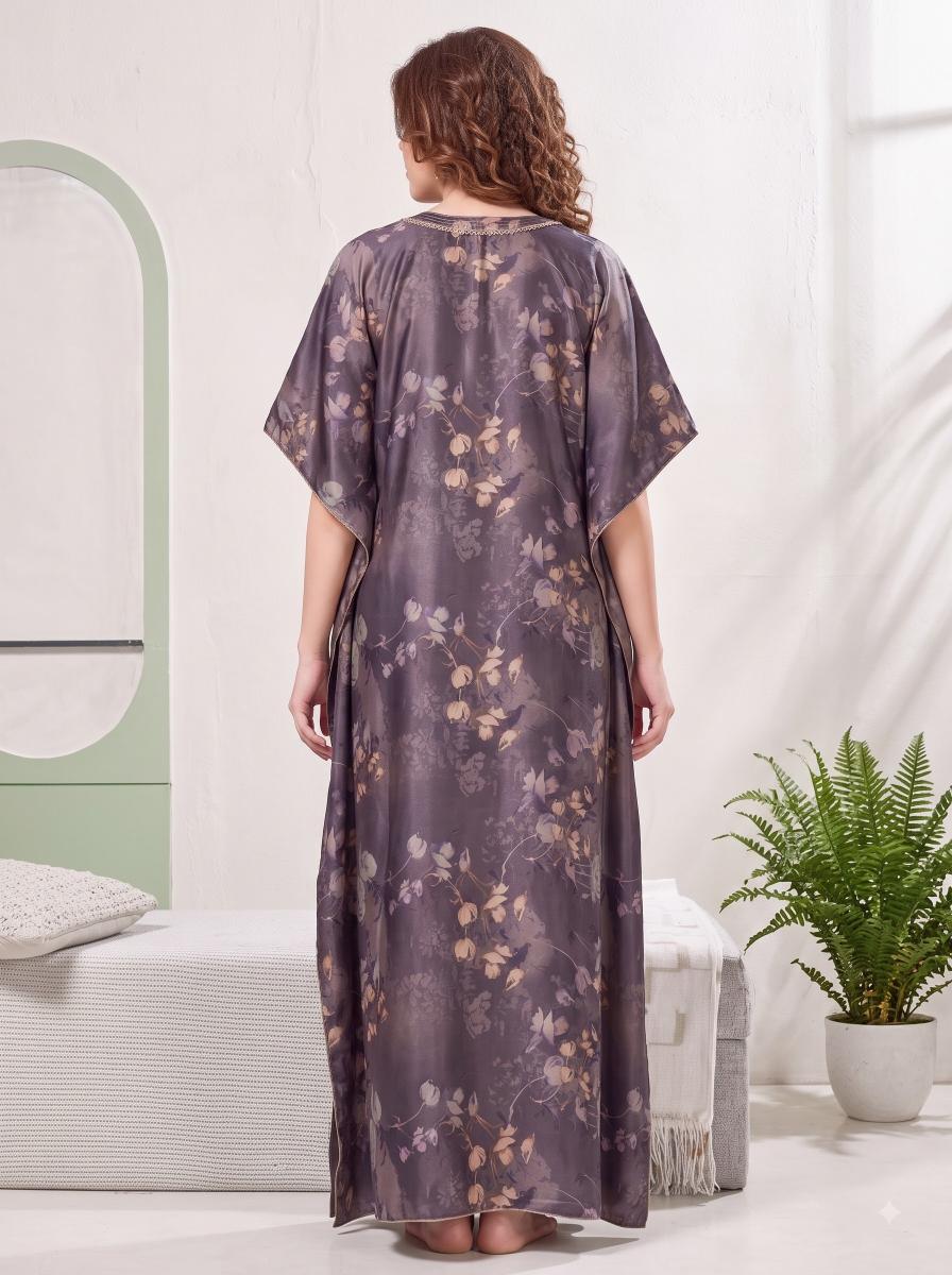 Floral Print Embroidered-Neck Purple Satin Kaftan