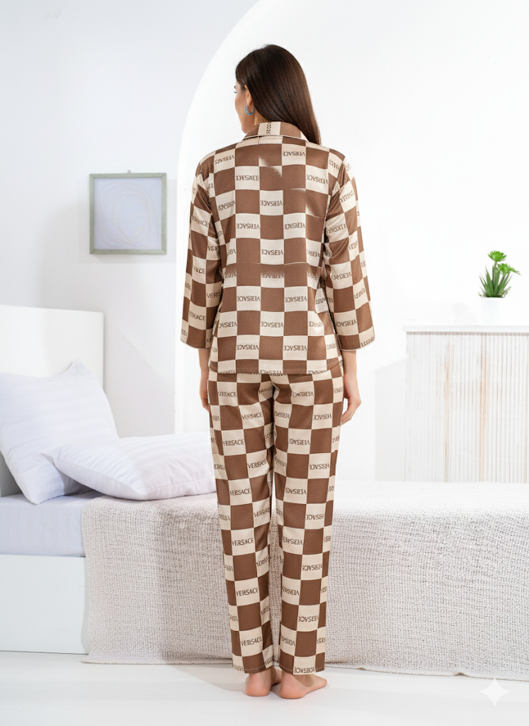 Brown & Beige Satin Collar Nightsuit - Priincezz Nightwear