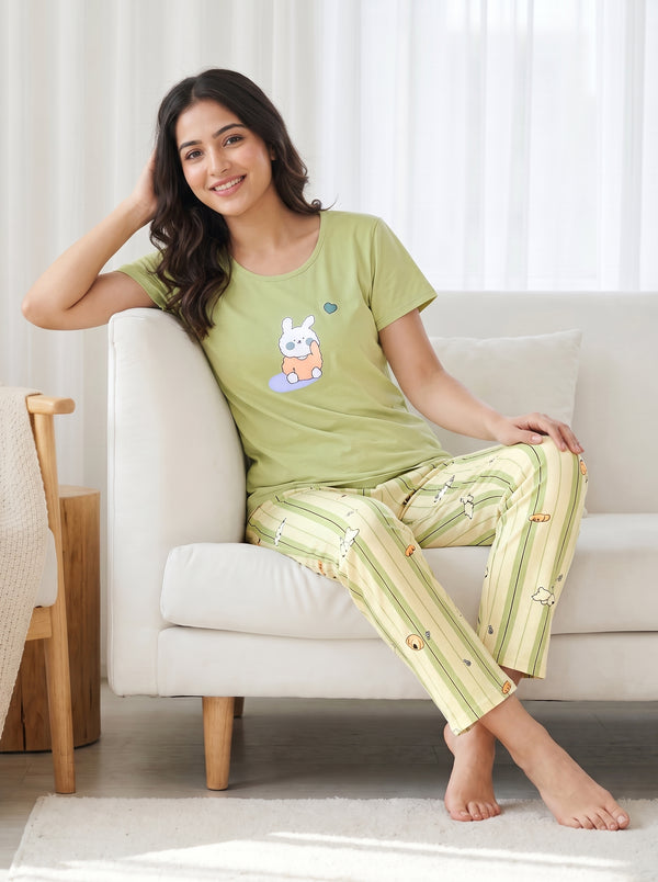 Women's Bunny Print Hosiery Night Suit - Apple Green