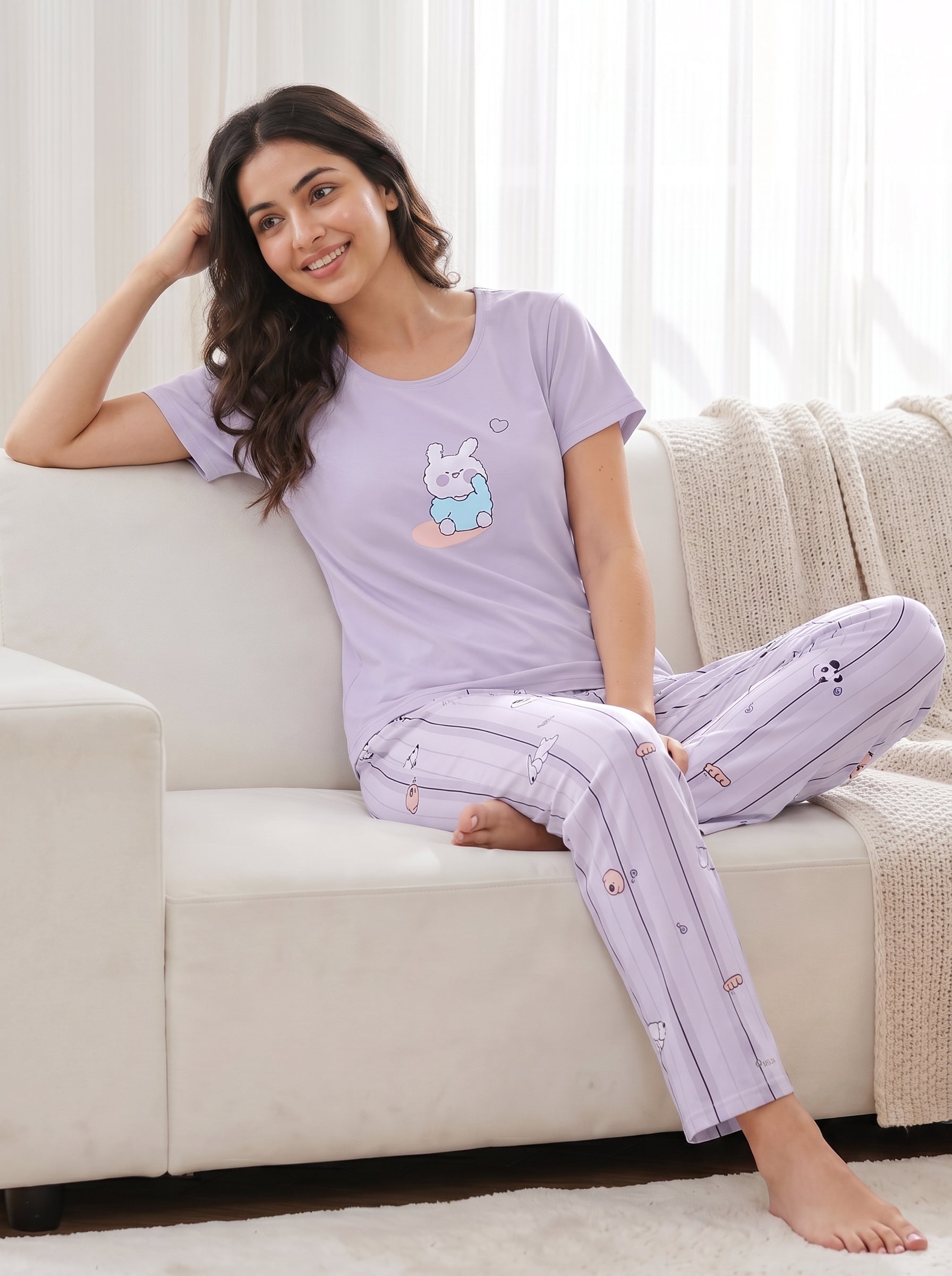 Women's Bunny Print Hosiery Night Suit - Lilac
