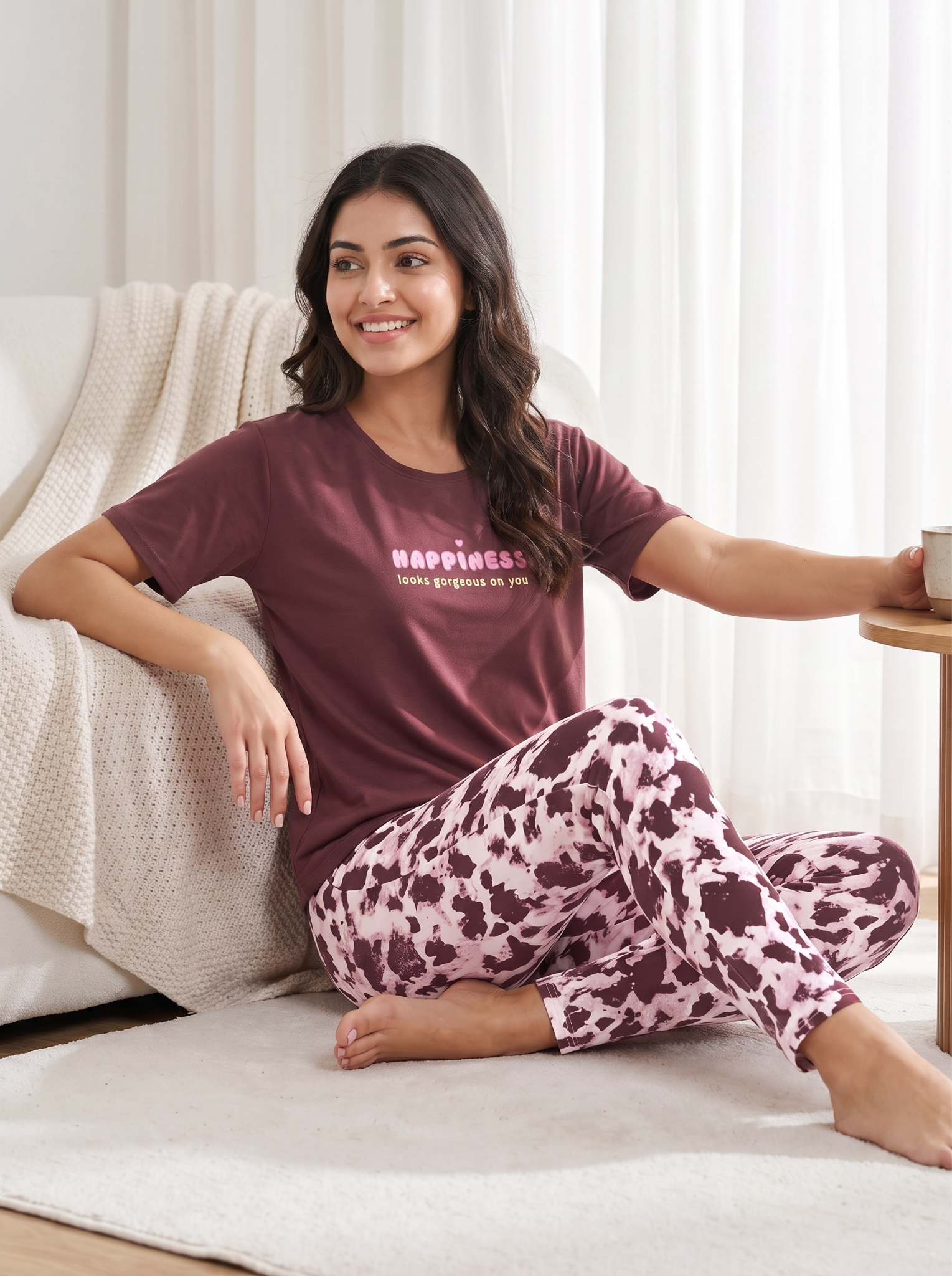 Women's Maroon 'Happiness' Cow Print Round Neck Night Suit