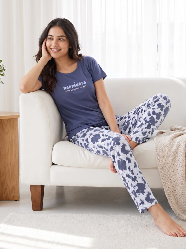 Women's Indigo Blue 'Happiness' Cow Print Round Neck Night Suit