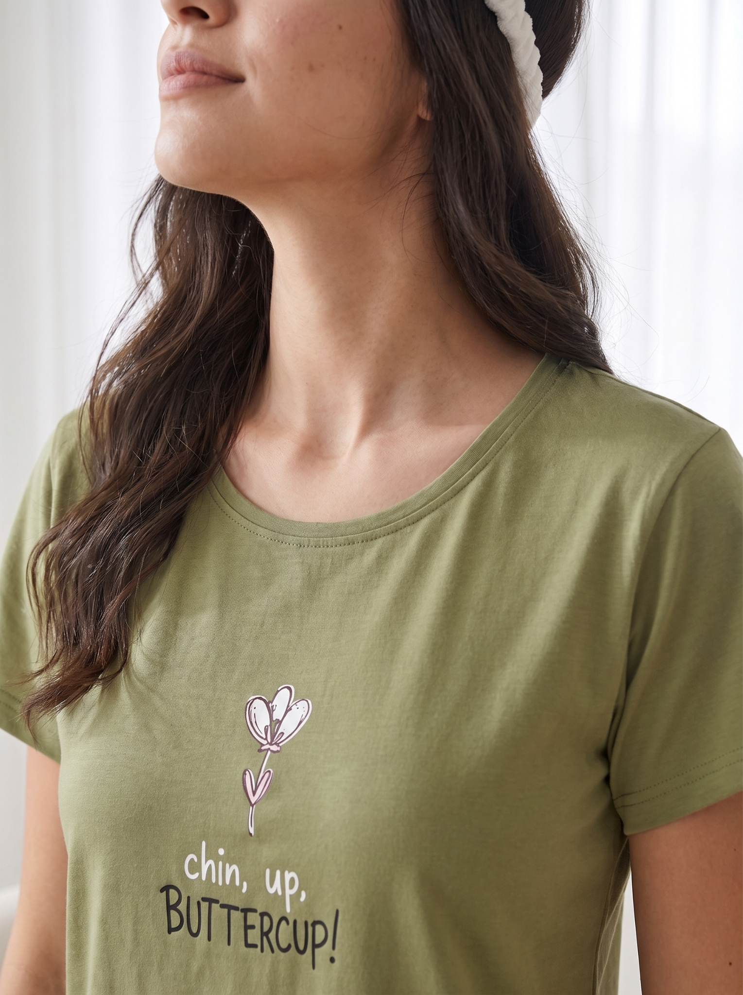 Women's Olive Green 'Chin Up Buttercup' Floral Round Neck Night Suit