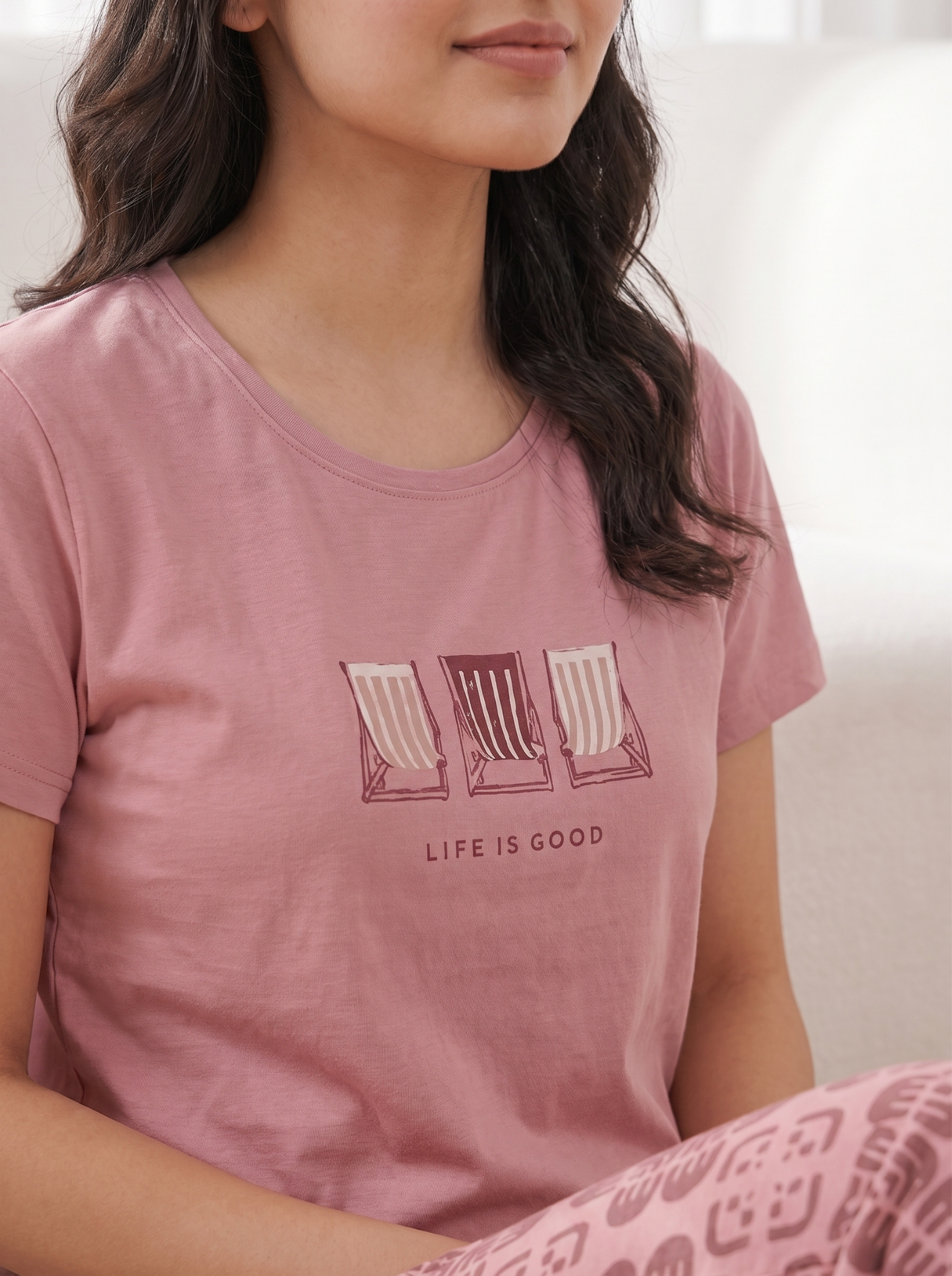 Women's Dusty Pink 'Life Is Good' Printed Round Neck Night Suit
