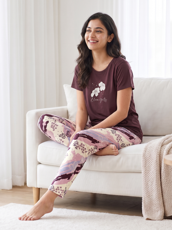 Women's Maroon 'Bloom Gently' Floral Round Neck Night Suit