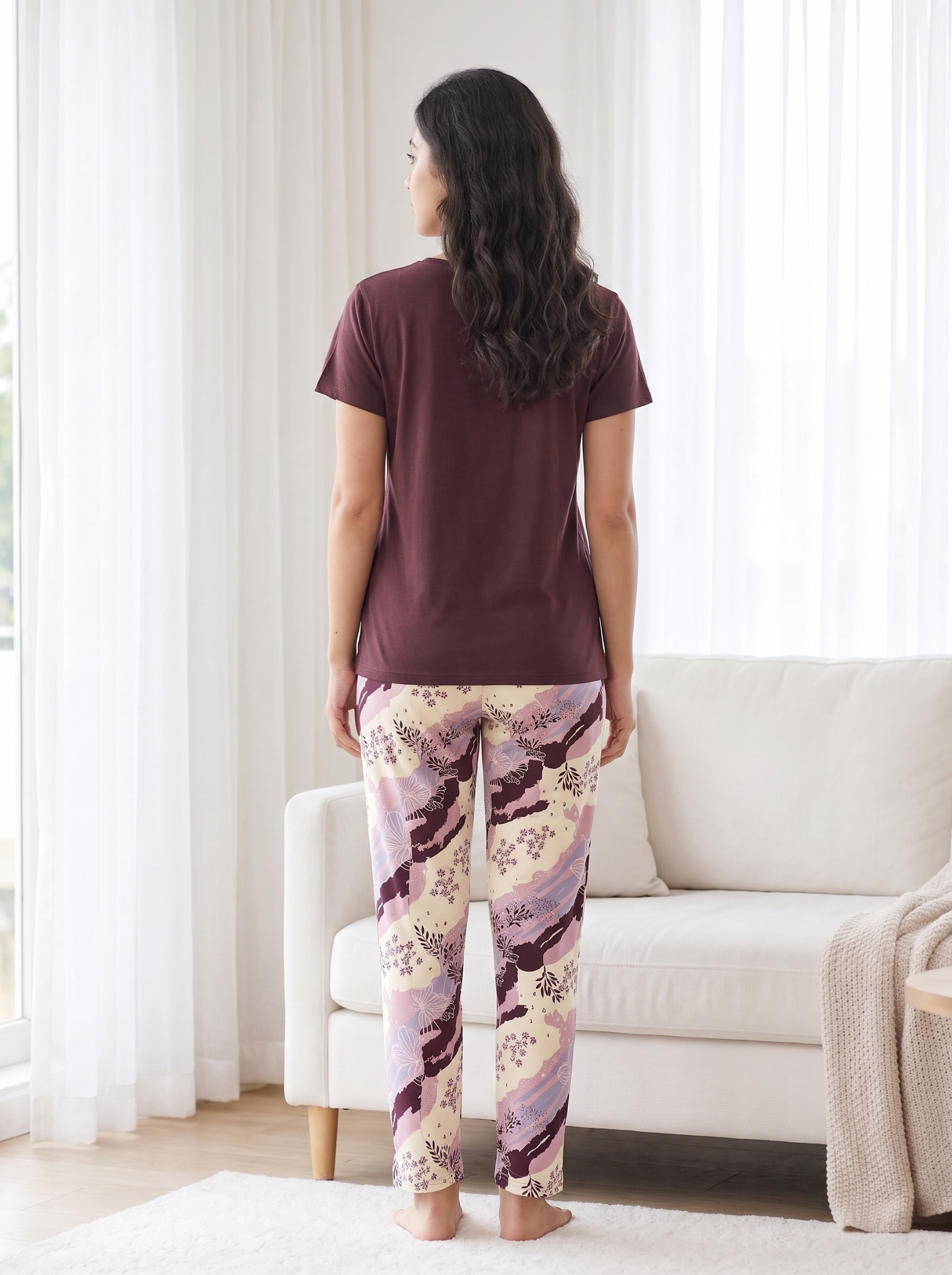 Women's Maroon 'Bloom Gently' Floral Round Neck Night Suit