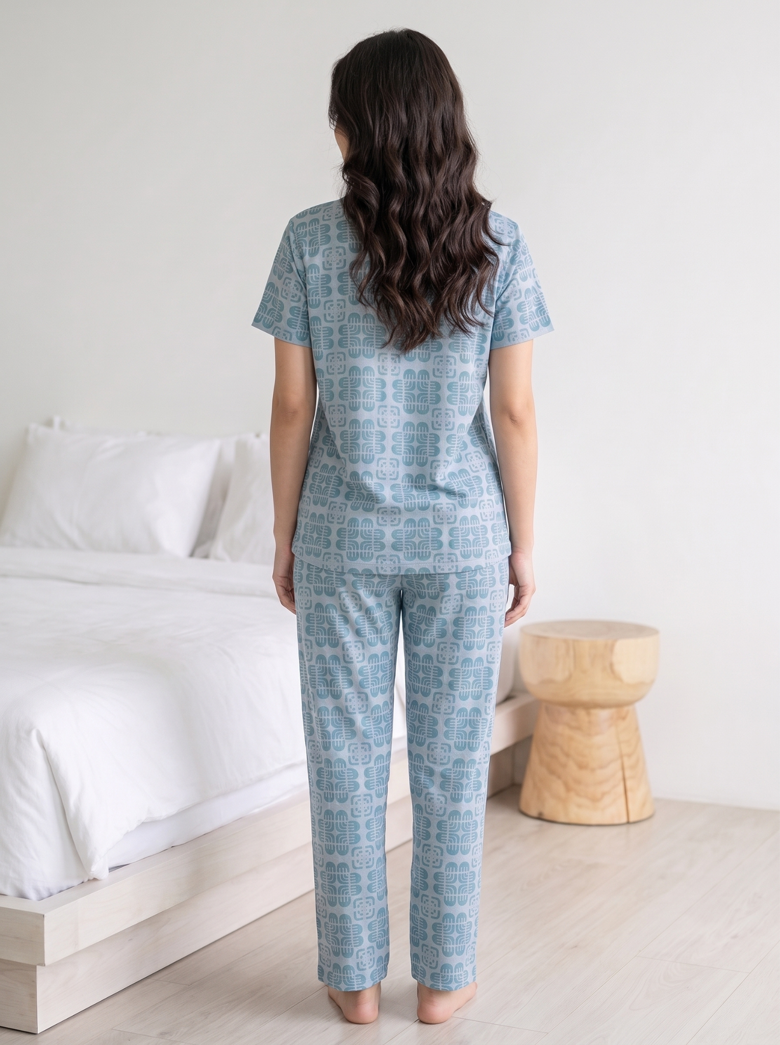 Women's Steel Blue Floral Collared Night Suit