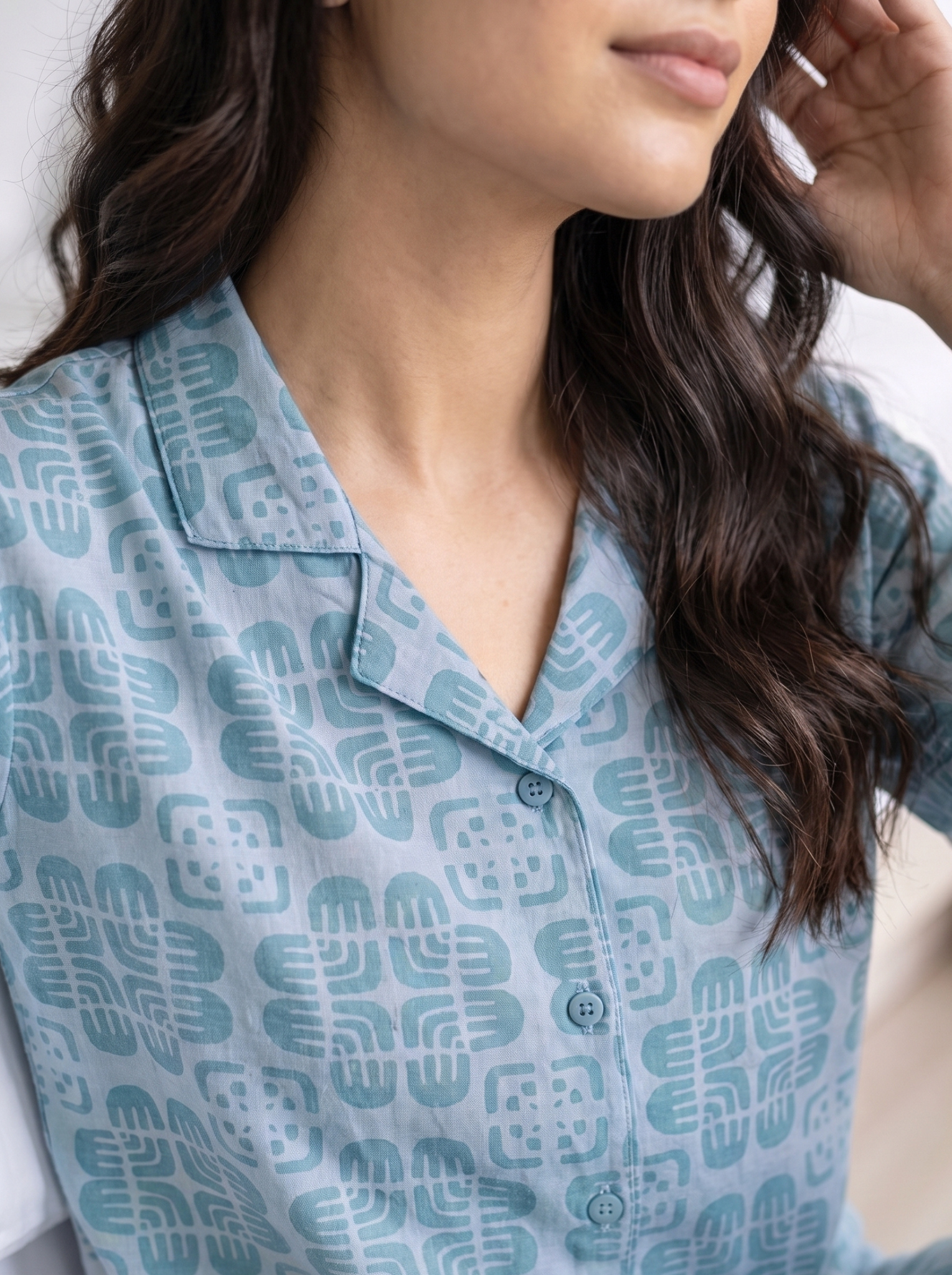 Women's Steel Blue Floral Collared Night Suit