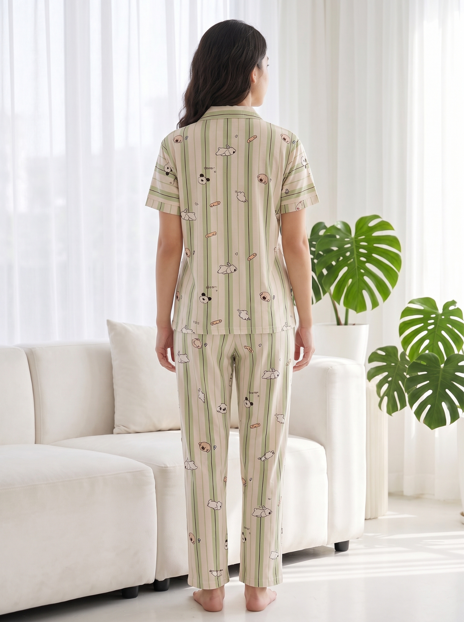 Women's Beige Striped Puppy Print Collared Night Suit