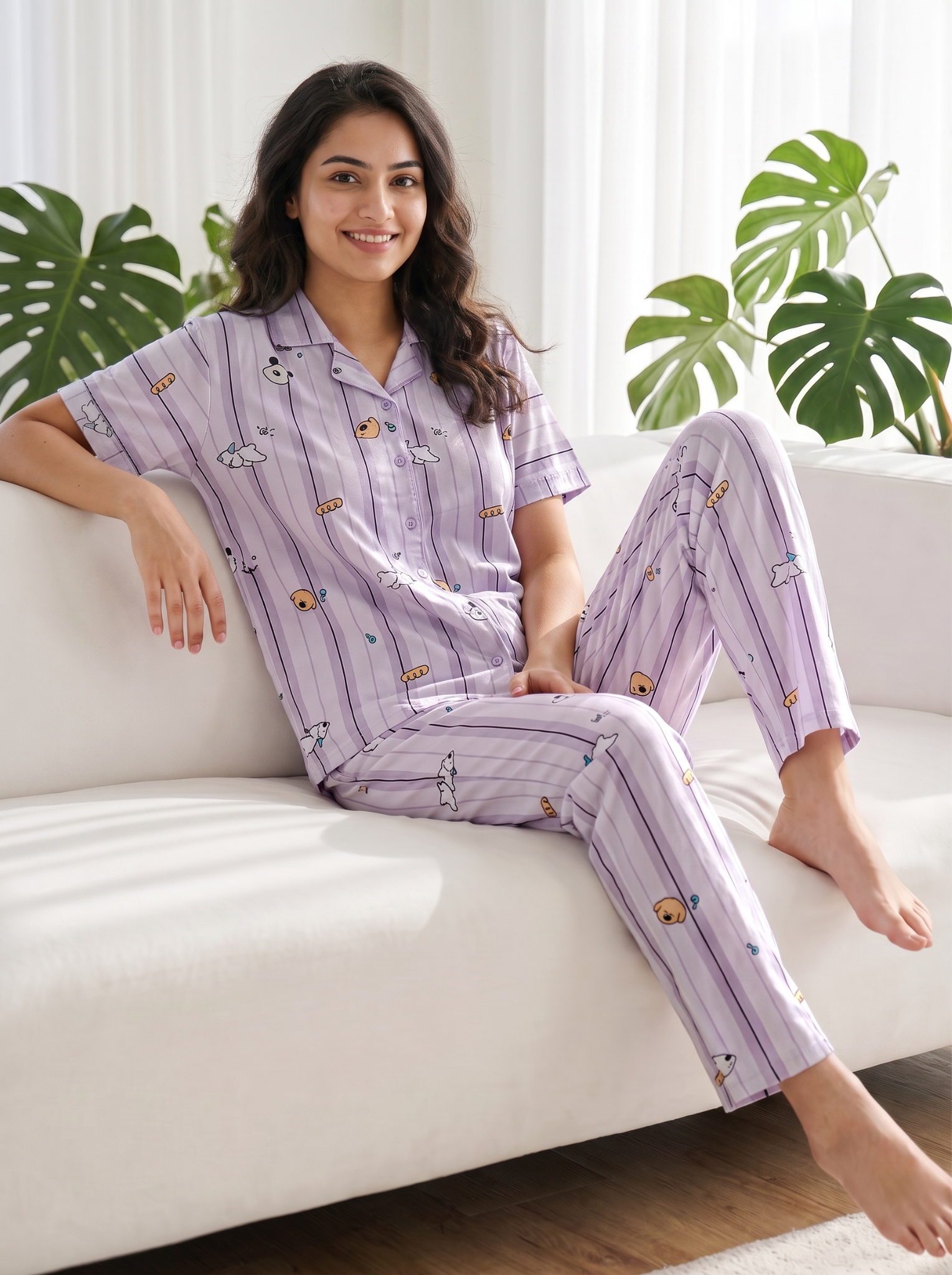 Women's Lilac Striped Puppy Print Collared Night Suit