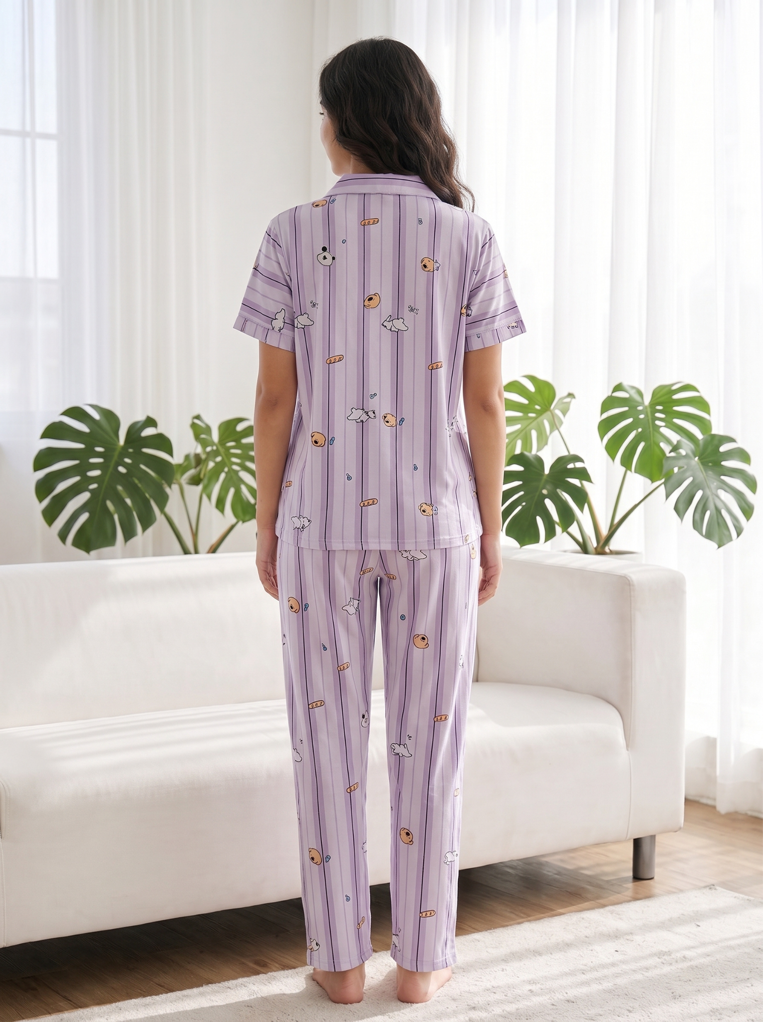 Women's Lilac Striped Puppy Print Collared Night Suit