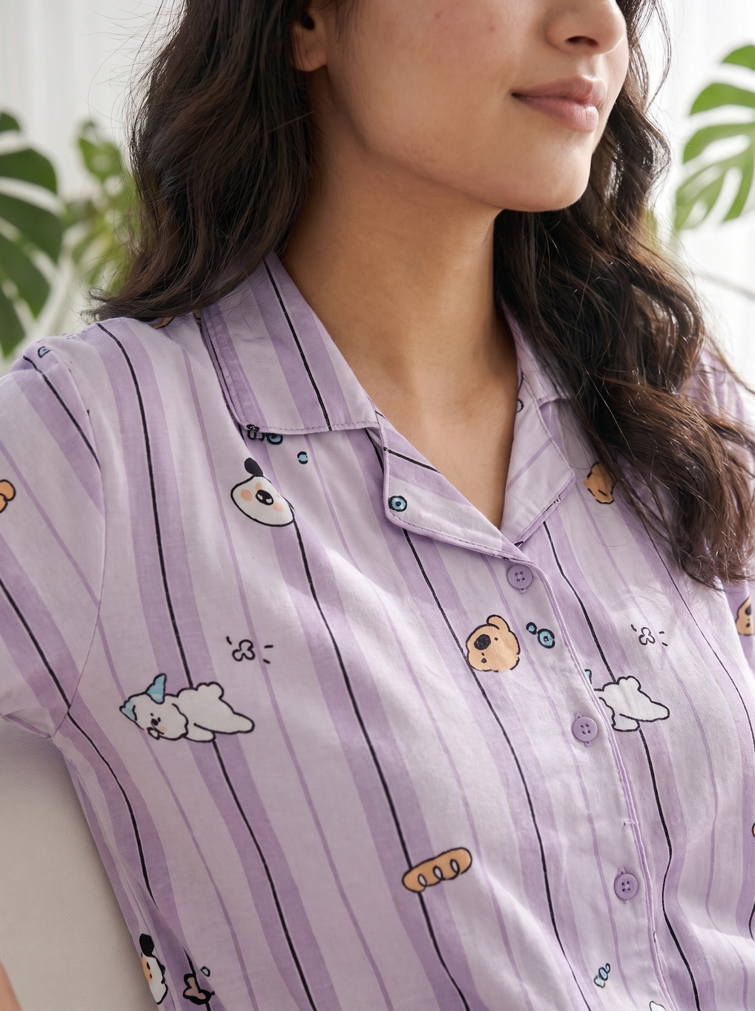 Women's Lilac Striped Puppy Print Collared Night Suit