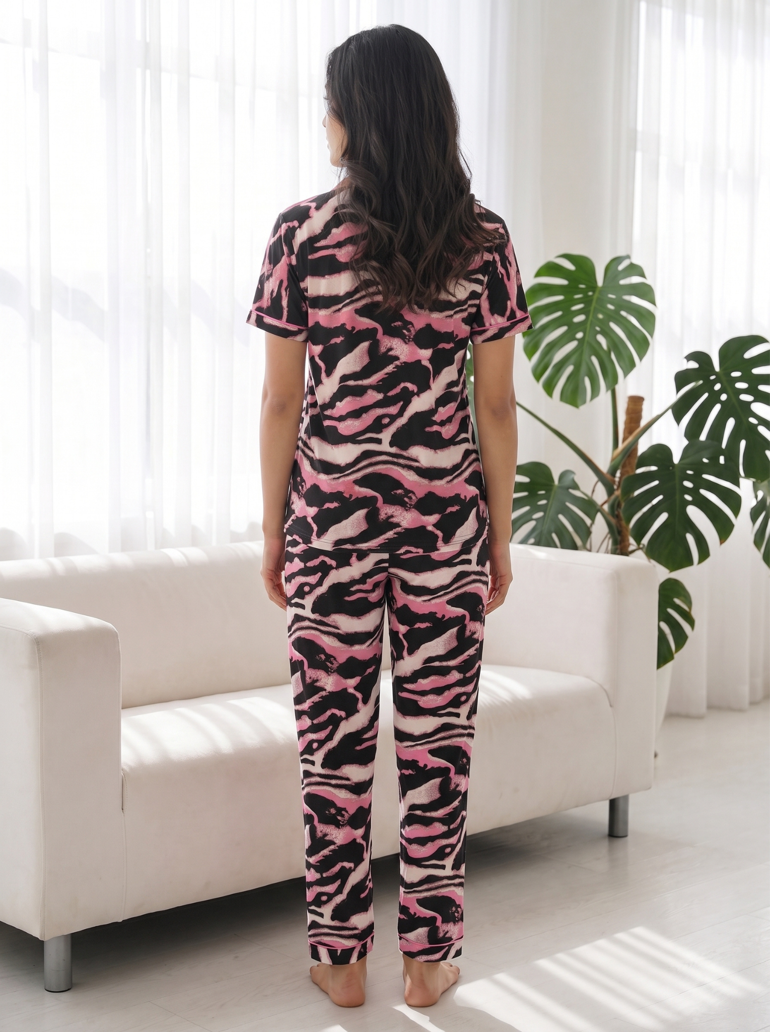 Women's Pink Animal Print Collared Night Suit