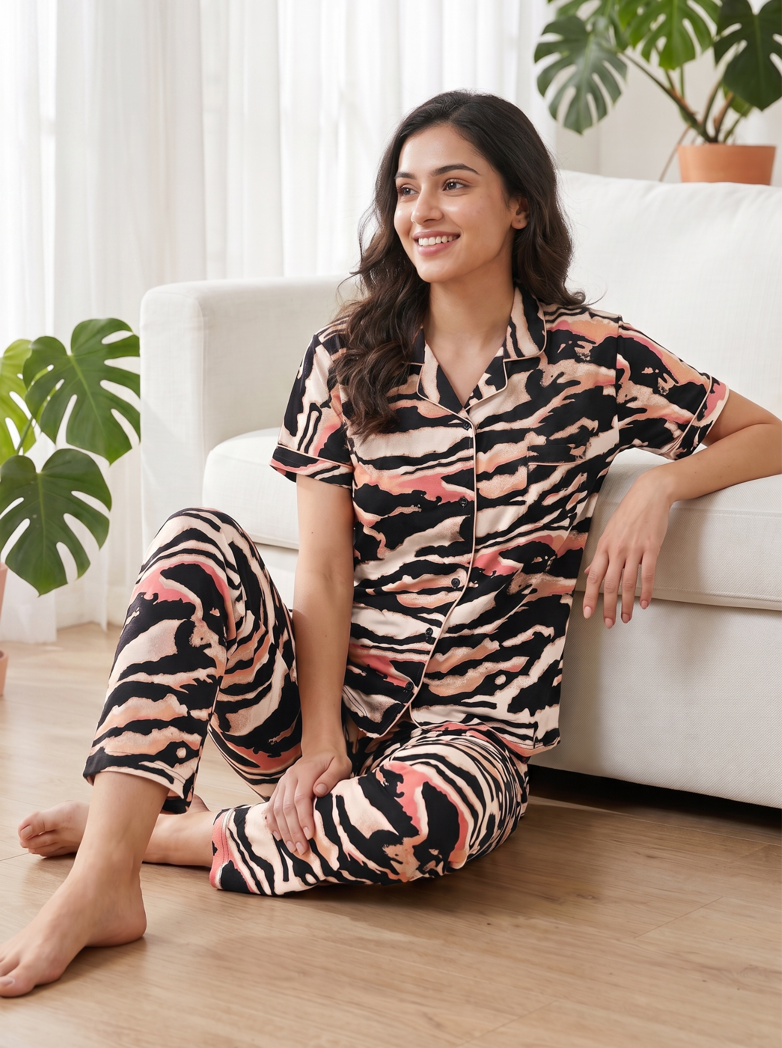 Women's Peach Animal Print Collared Night Suit