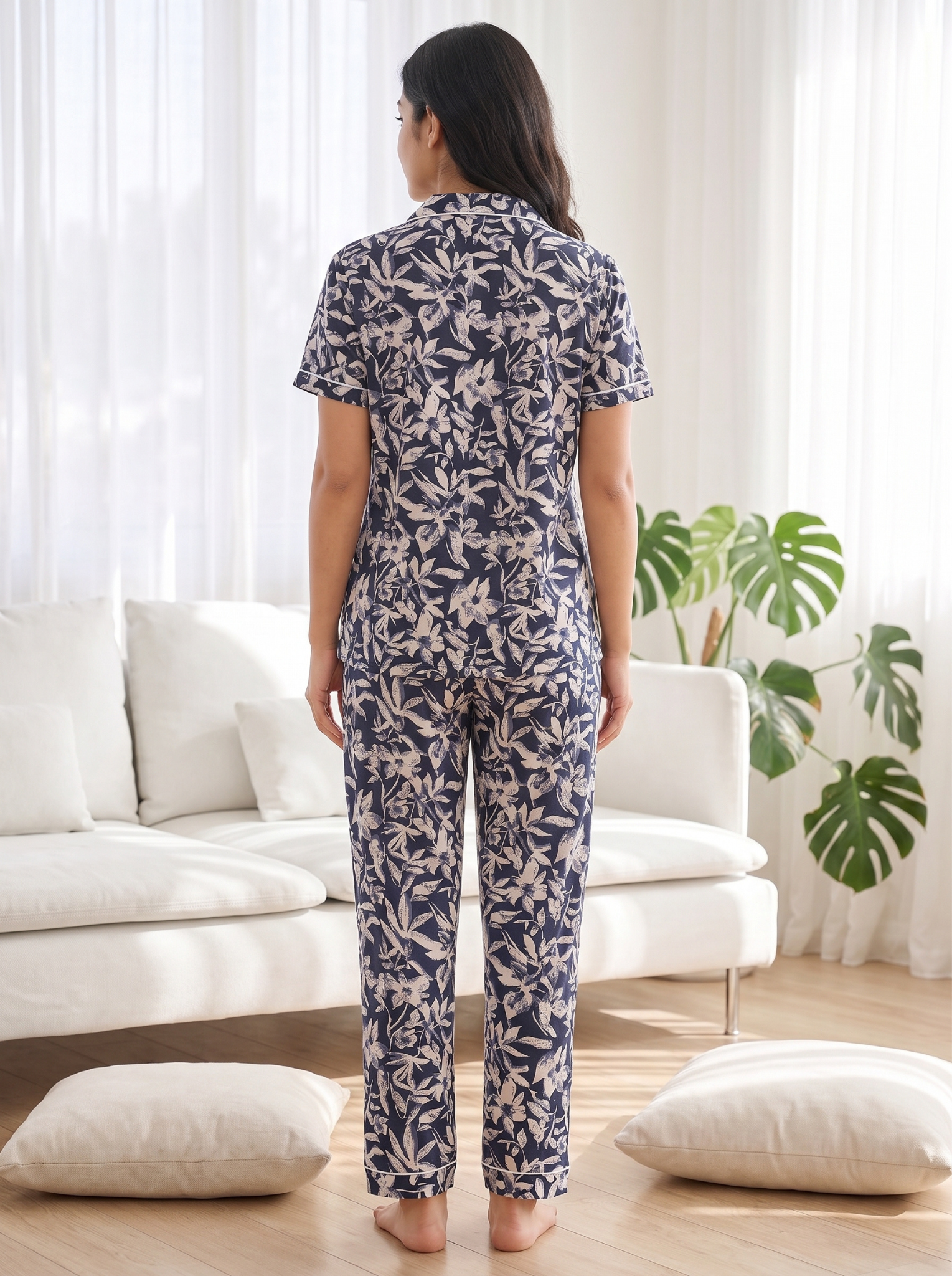 Women's Navy Floral Collared Night Suit