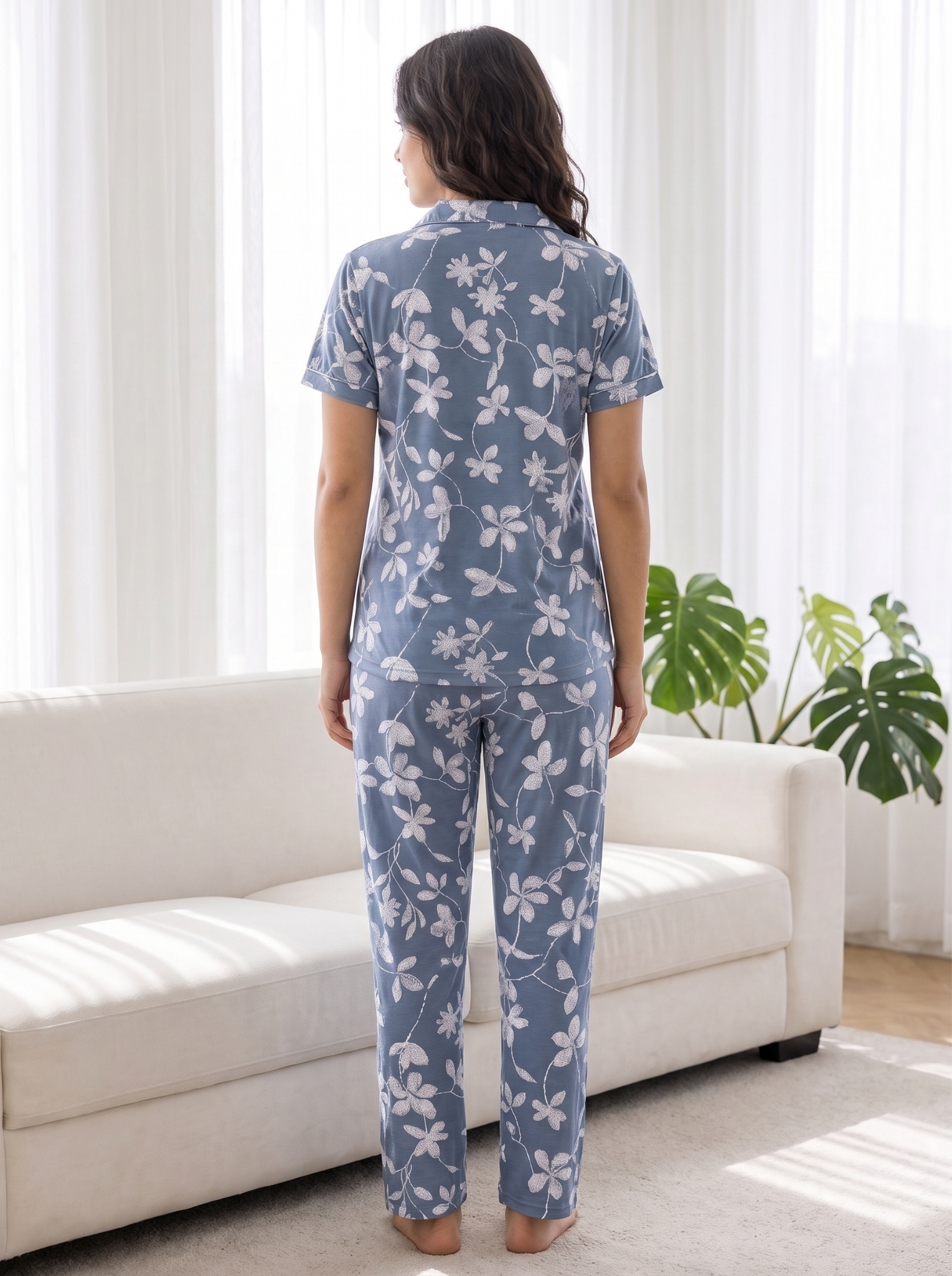 Women's Teal Geometric Print Collared Night Suit