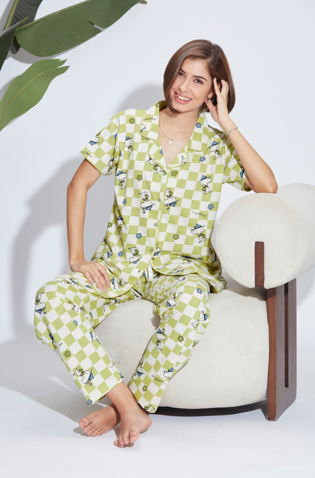 Lime Green Checkerboard Hosiery Collared Nightsuit