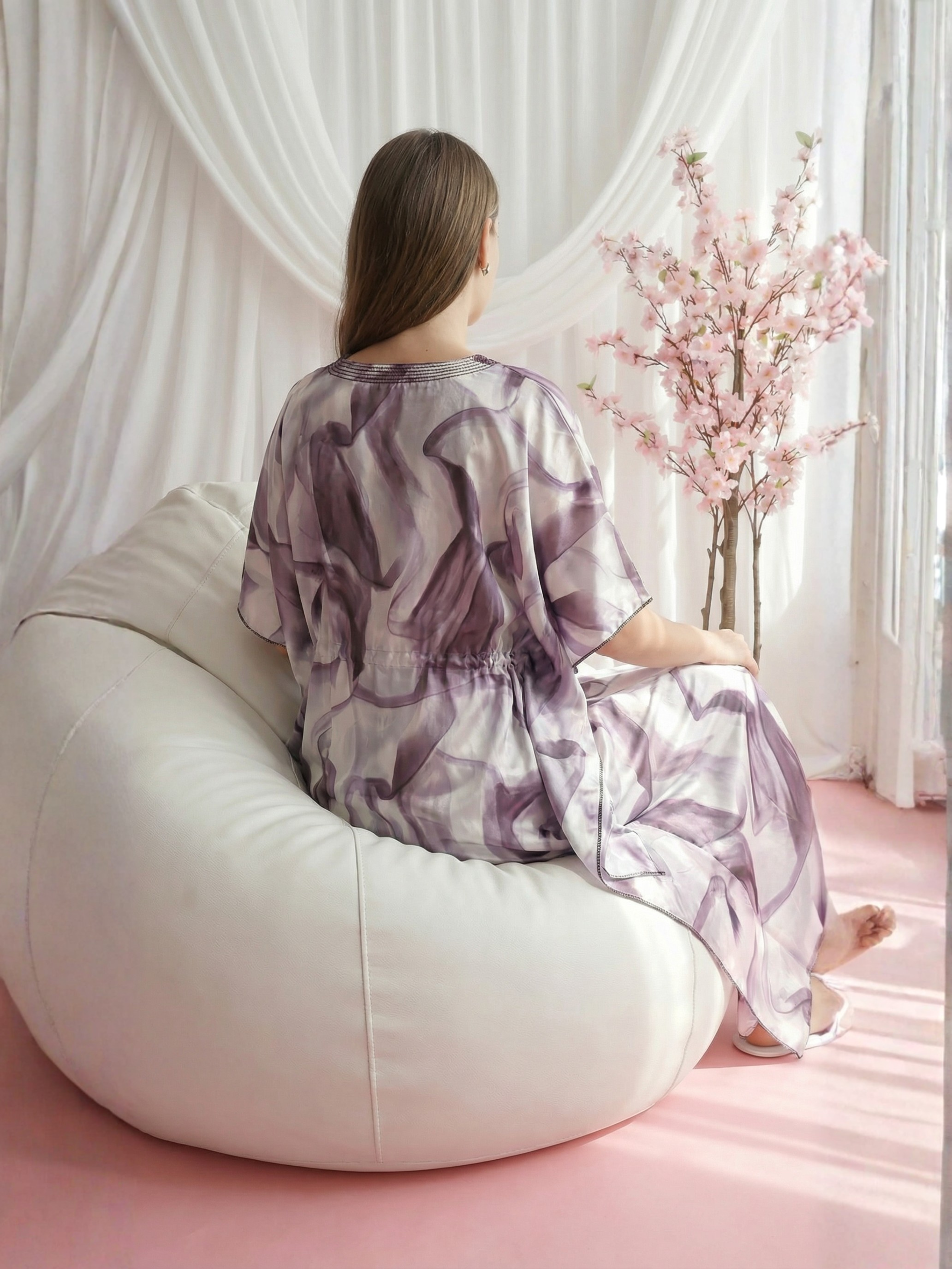 Lavender Abstract Satin Kaftan