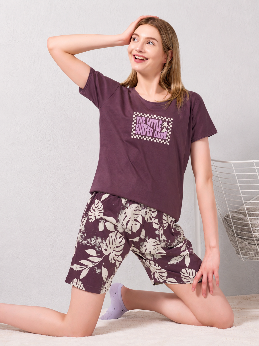 Wine Tropical Short Nighsuit