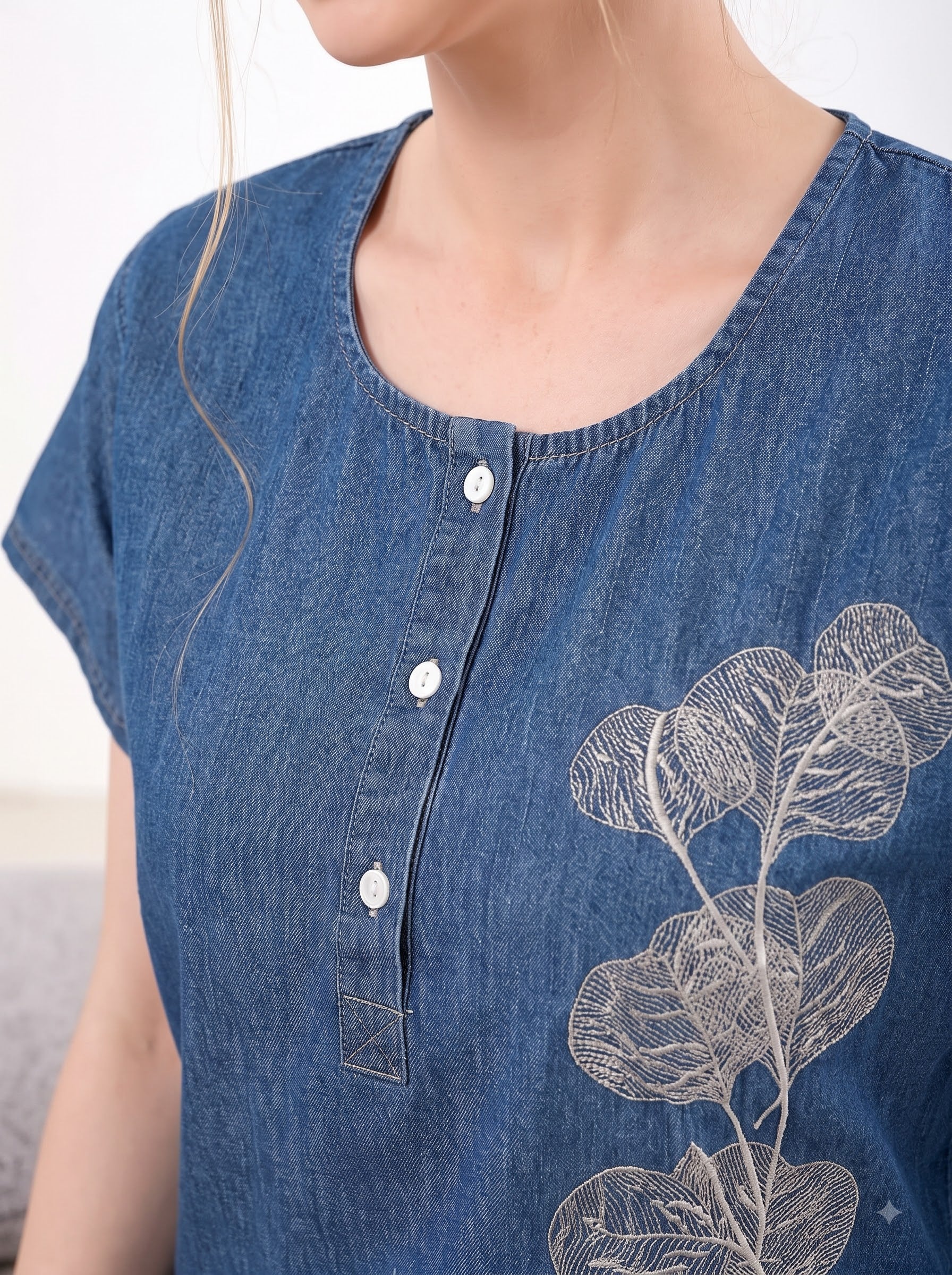 Denim Blue Botanical Leaf-Embroidered Nighty