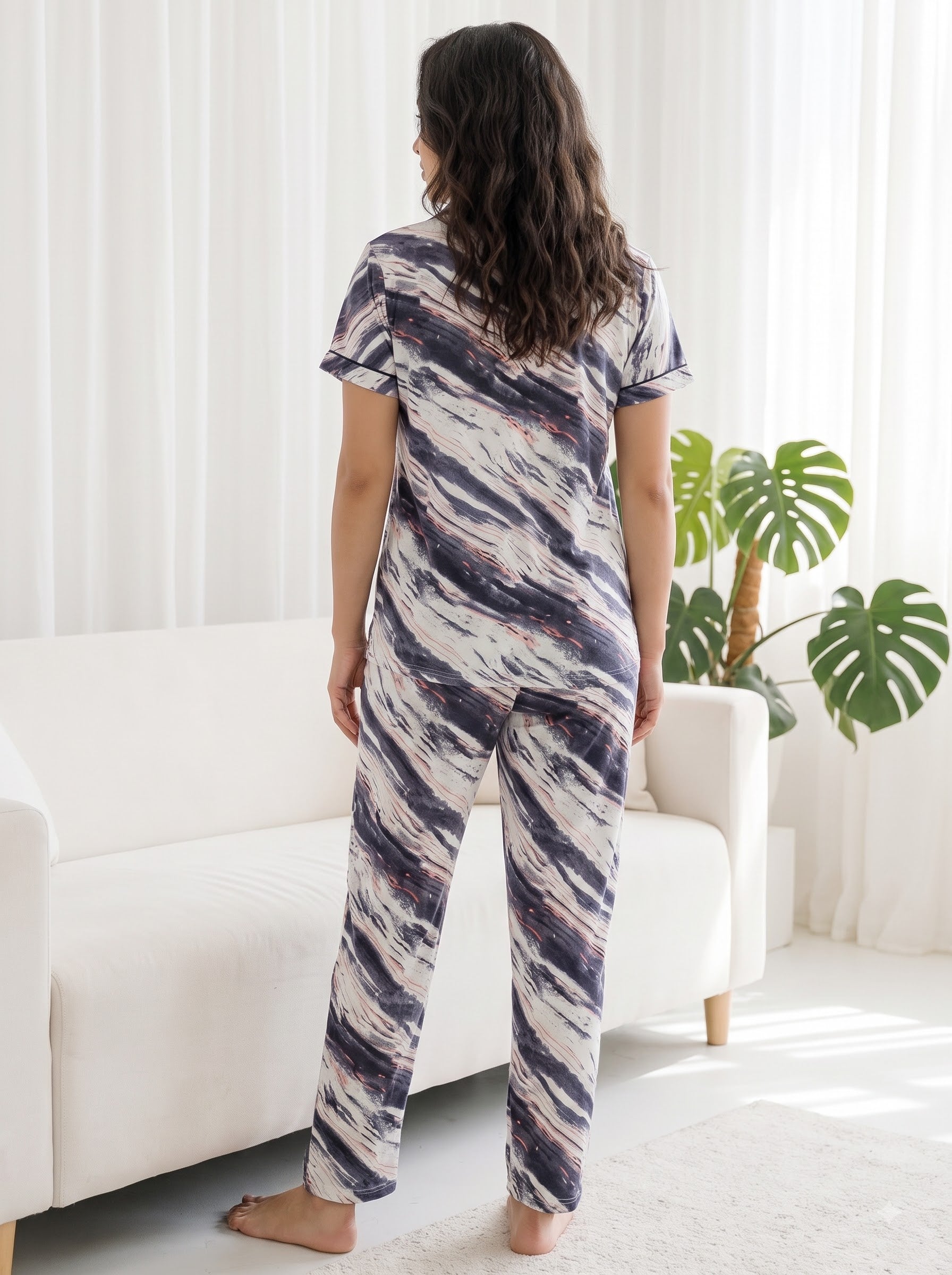 Women's Navy Abstract Print Collared Night Suit
