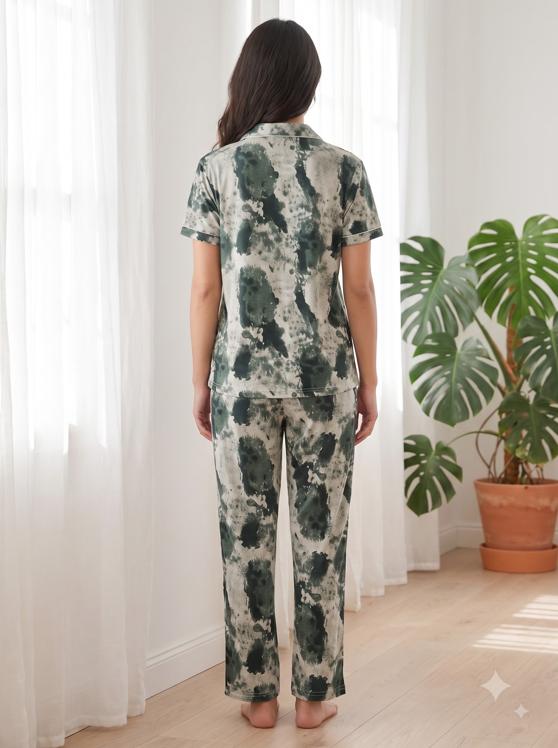 Women's Forest Green Tie-Dye Collared Night Suit