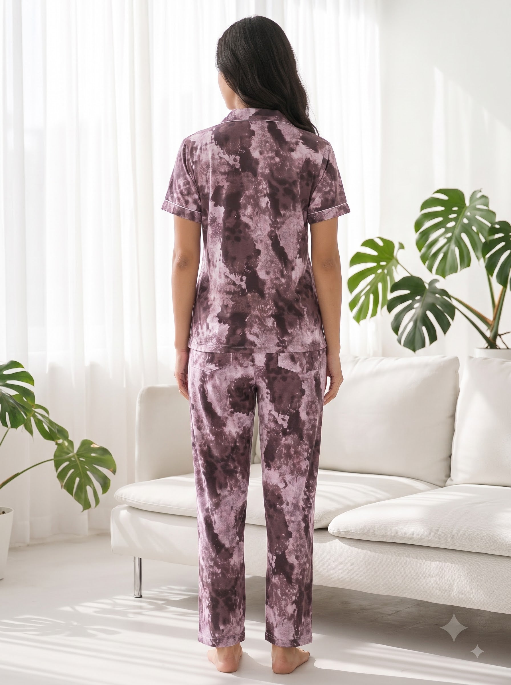 Women's Mauve Tie-Dye Collared Night Suit