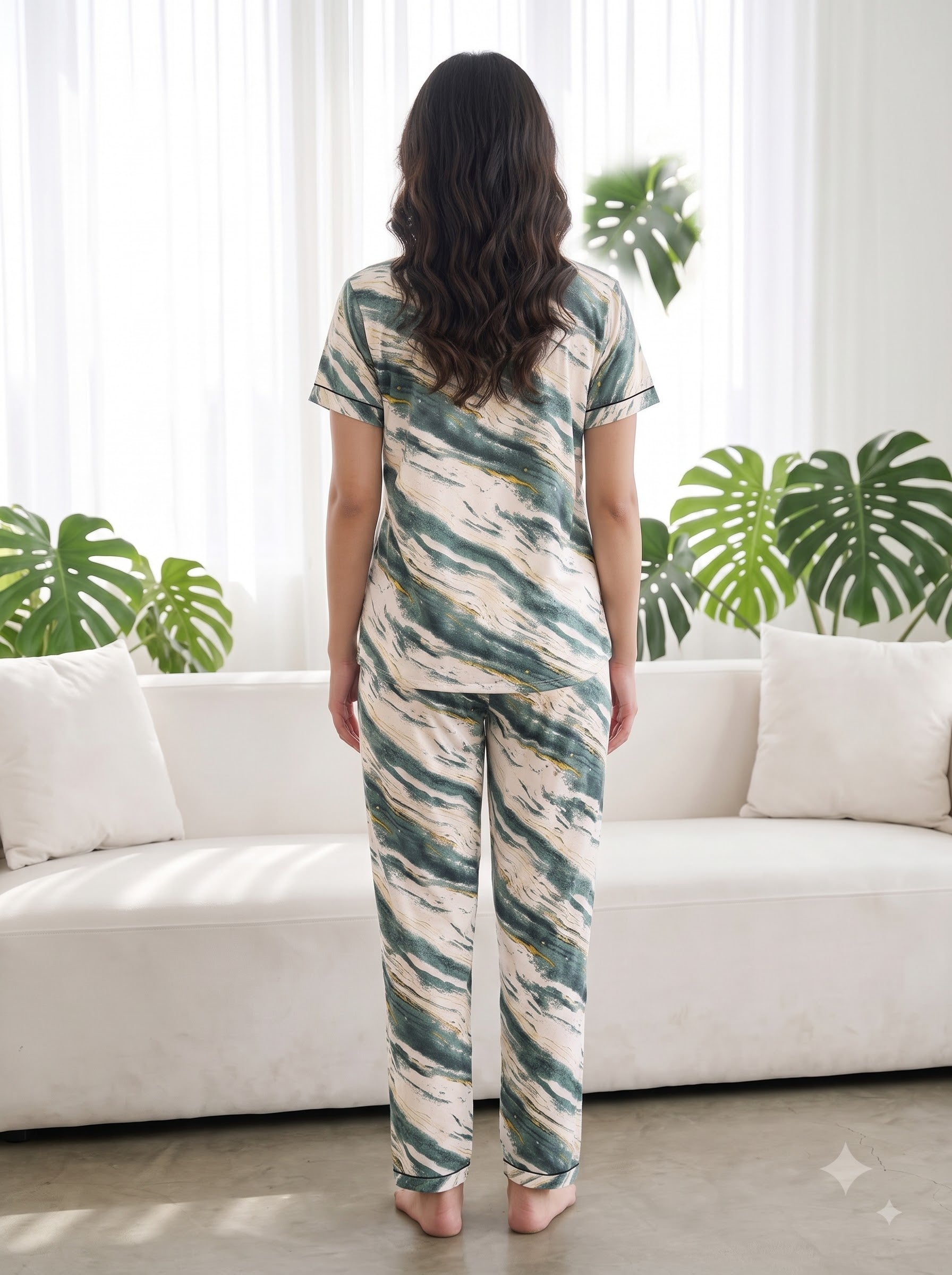Women's Green Marble Print Collared Night Suit