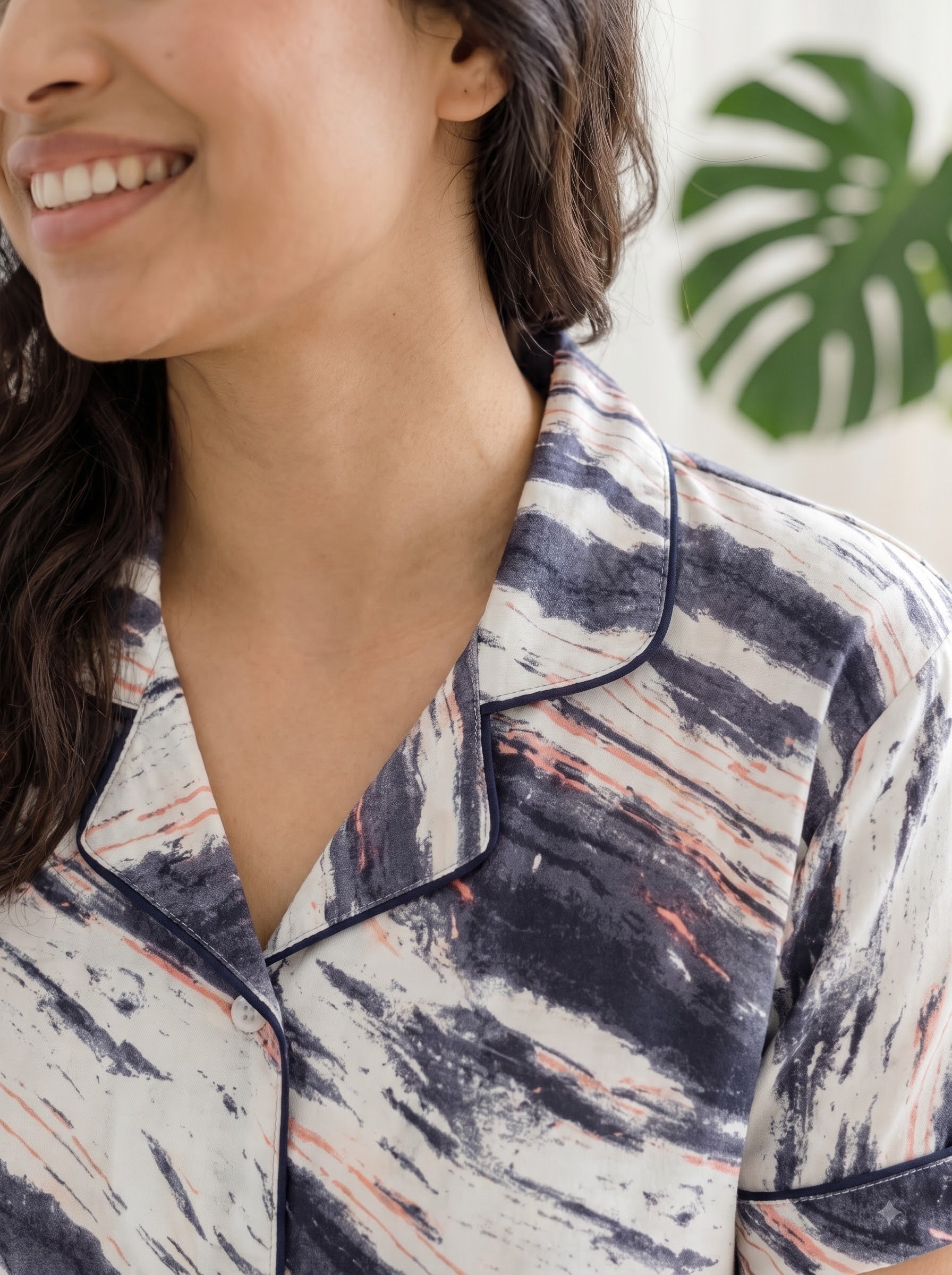 Women's Navy Abstract Print Collared Night Suit