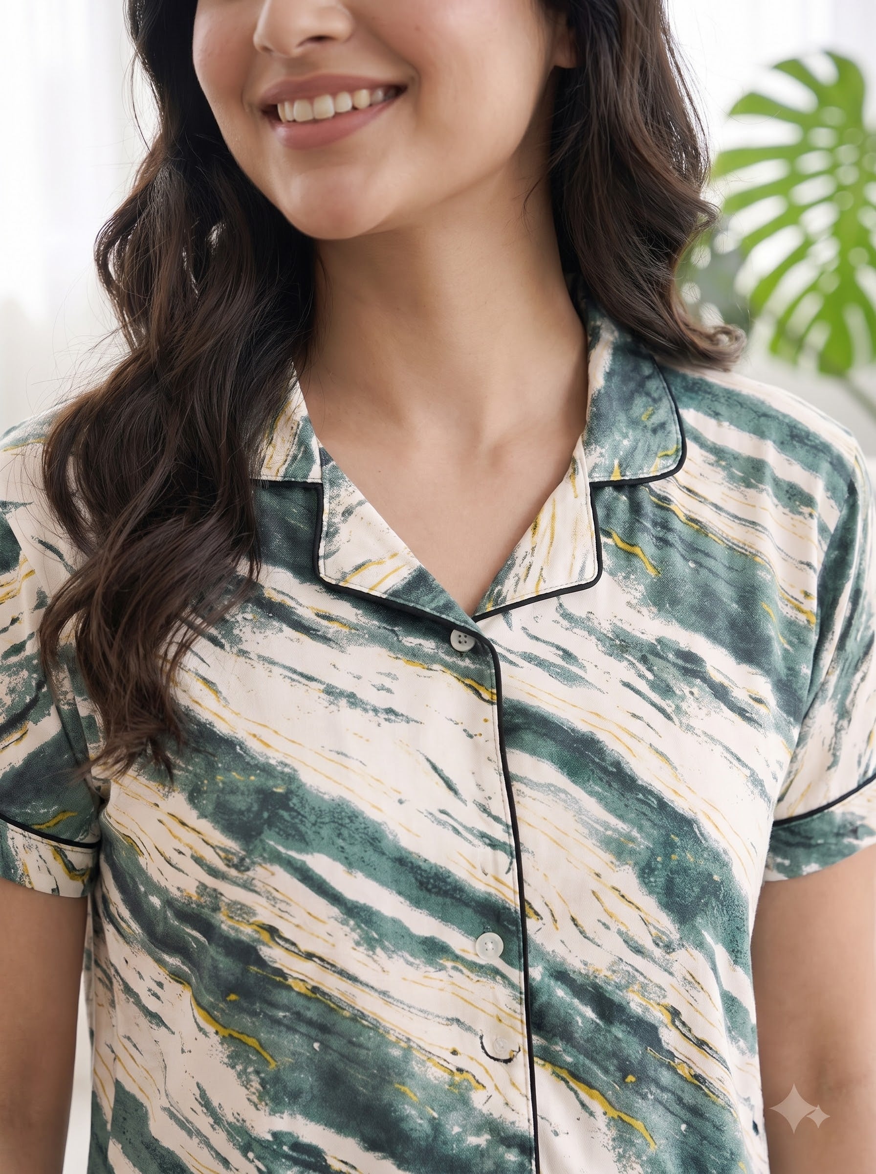 Women's Green Marble Print Collared Night Suit
