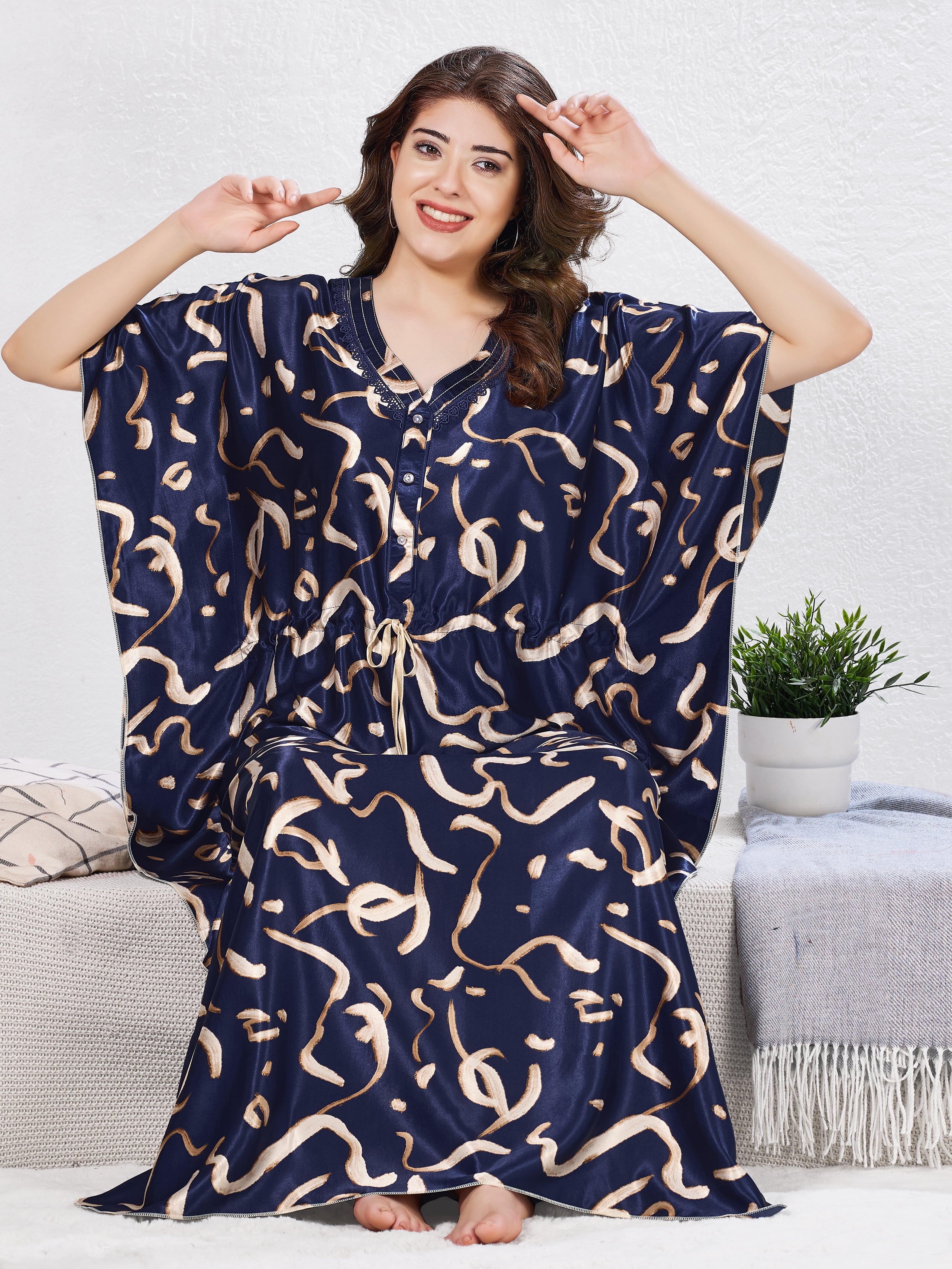 Midnight Abstract Satin Kaftan Nighty