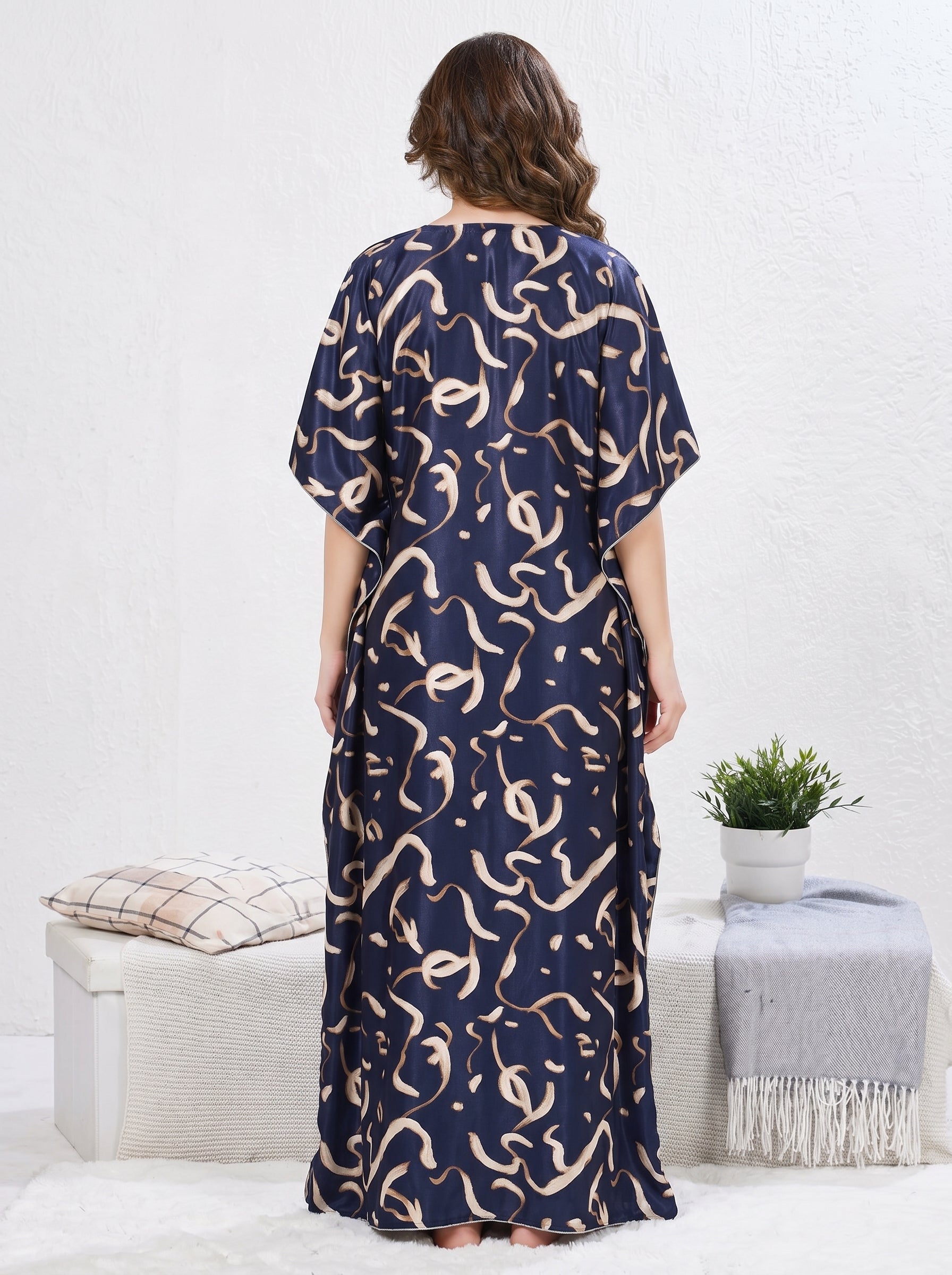 Midnight Abstract Satin Kaftan Nighty