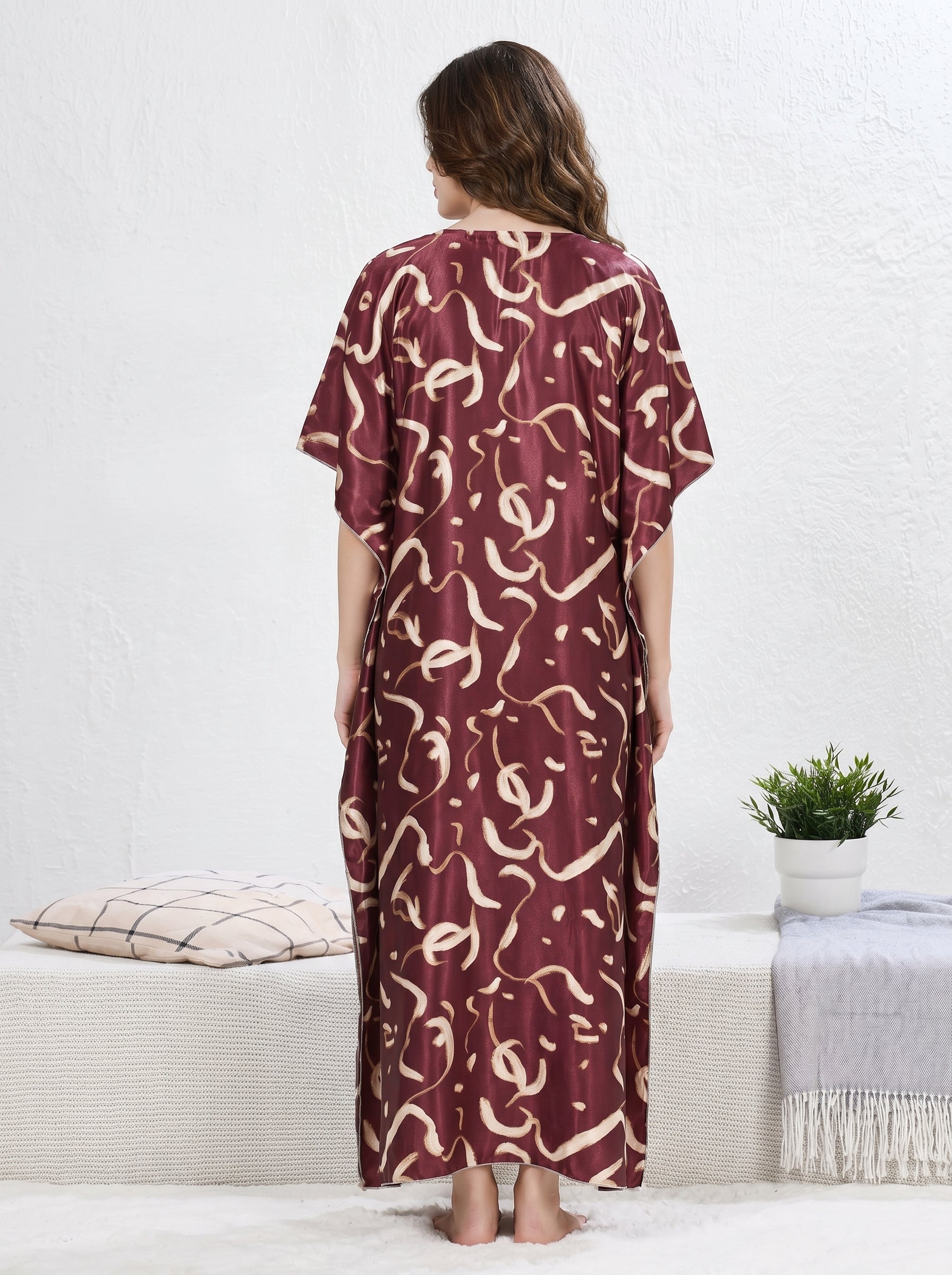 Wine Abstract Print Satin Kaftan